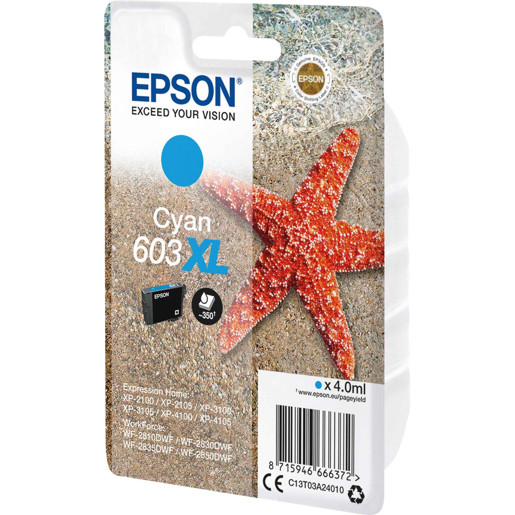 Epson Tintenpatrone 603XL Cyan, große Druckpatrone für Farbdrucker, sichtbarer Cyan-Patronenbehälter, hochwertiger Farbdruck.