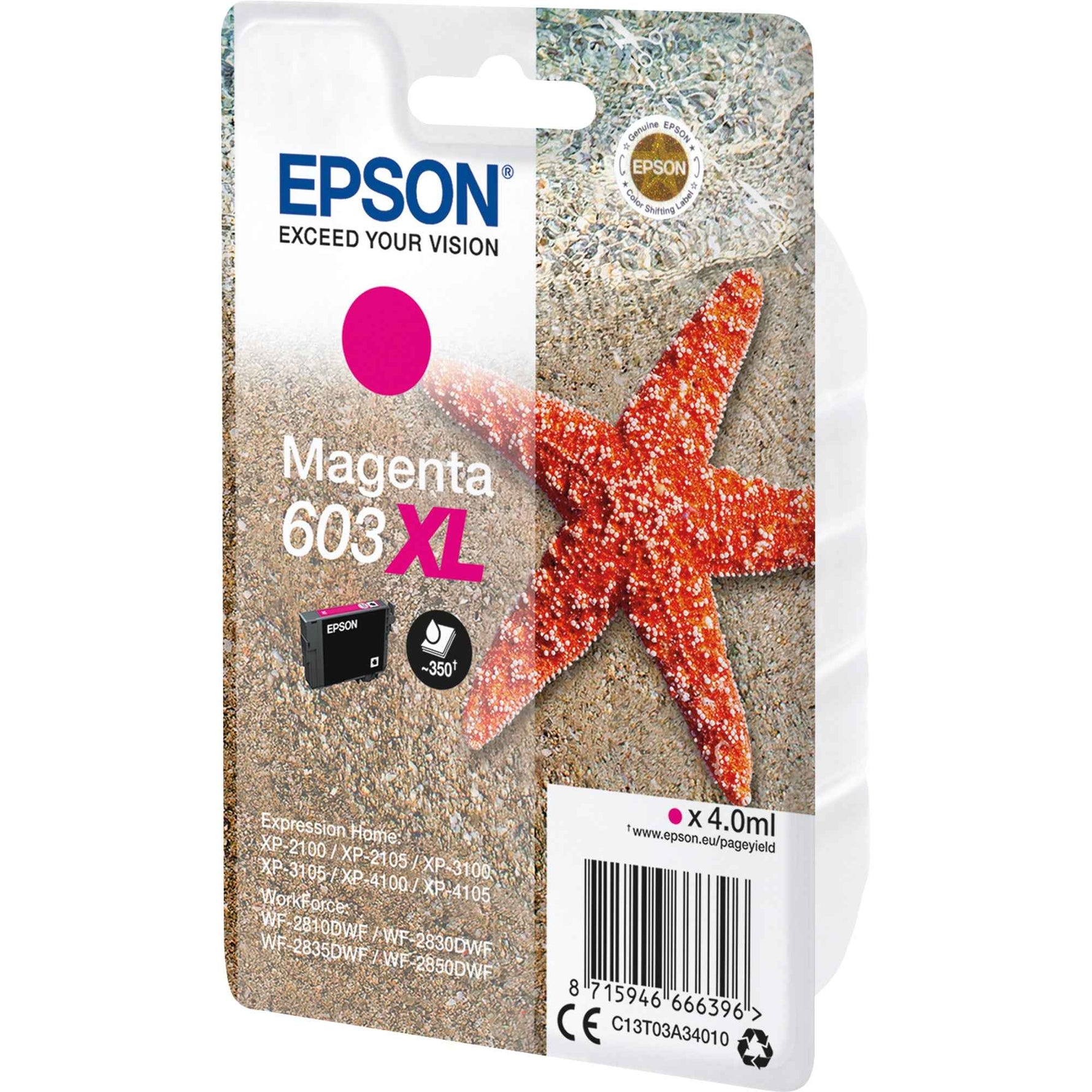 Epson Tintenpatrone 603XL magenta, großvolumiger Tintenpatronen für Drucker, zeigt die magentafarbene Verpackung und Kartusche