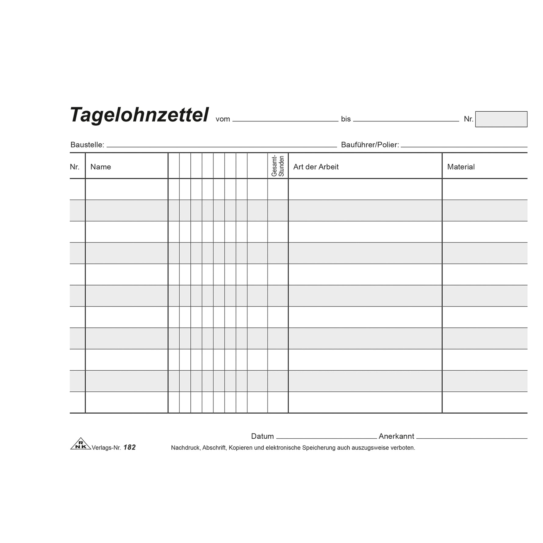RNK Verlag Lohnarbeitsnachweis – selbstdurchschreibender Tagelohnzettel Block - Wiepa Bürofachpartner