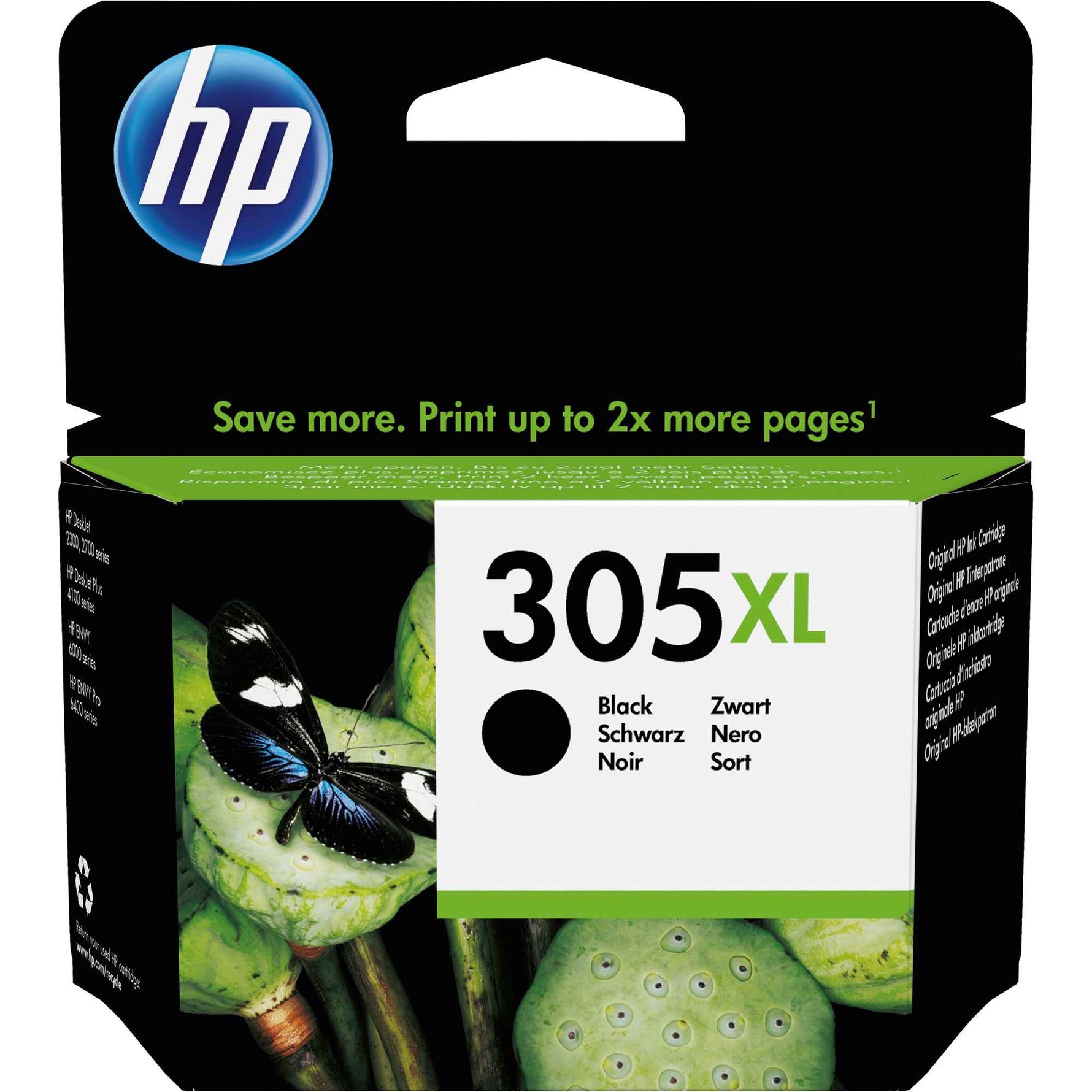 Schwarze HP Tintenpatrone 305XL für Drucker, zeigt die Tintenpatrone im Karton, langlebige Druckqualität, HP Originalprodukt