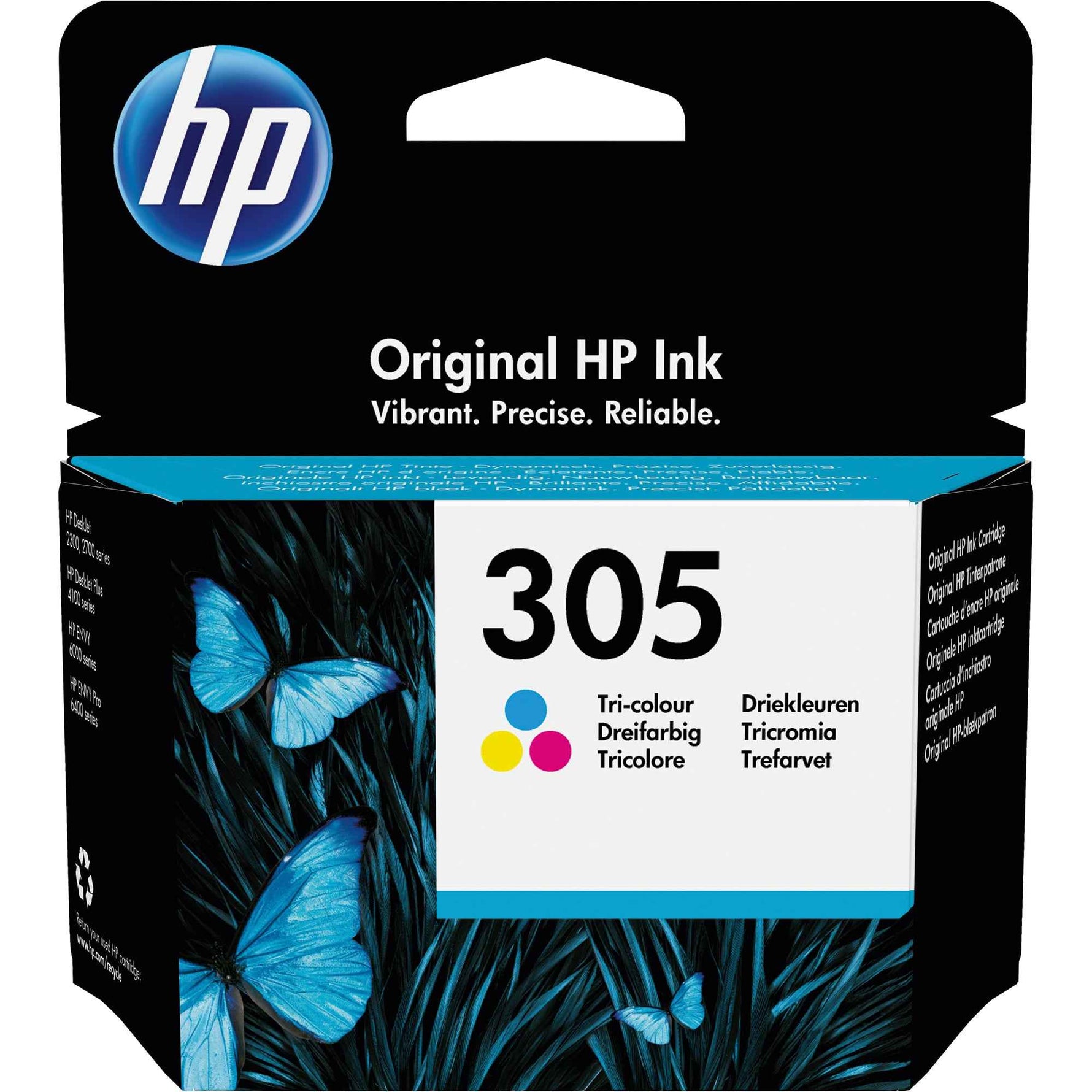 HP Tintenpatrone 305 in Cyan, Magenta und Gelb mit Farbdruck und Tintenbehälter für HP Drucker