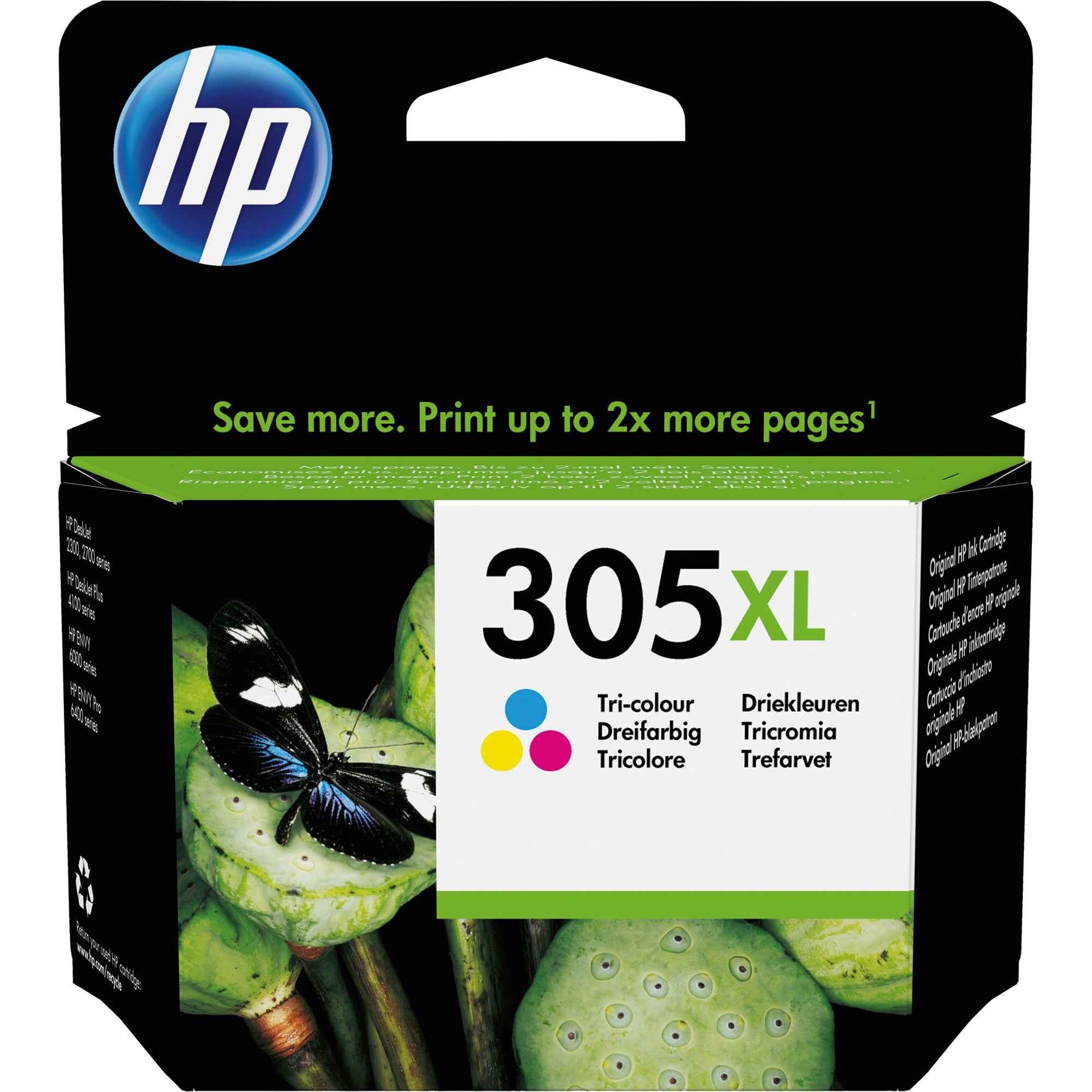 HP Tintenpatrone 305XL in Cyan, Magenta und Gelb, original Tintenpatrone für HP Drucker, zeigt die farbigen Tintenpatronen.