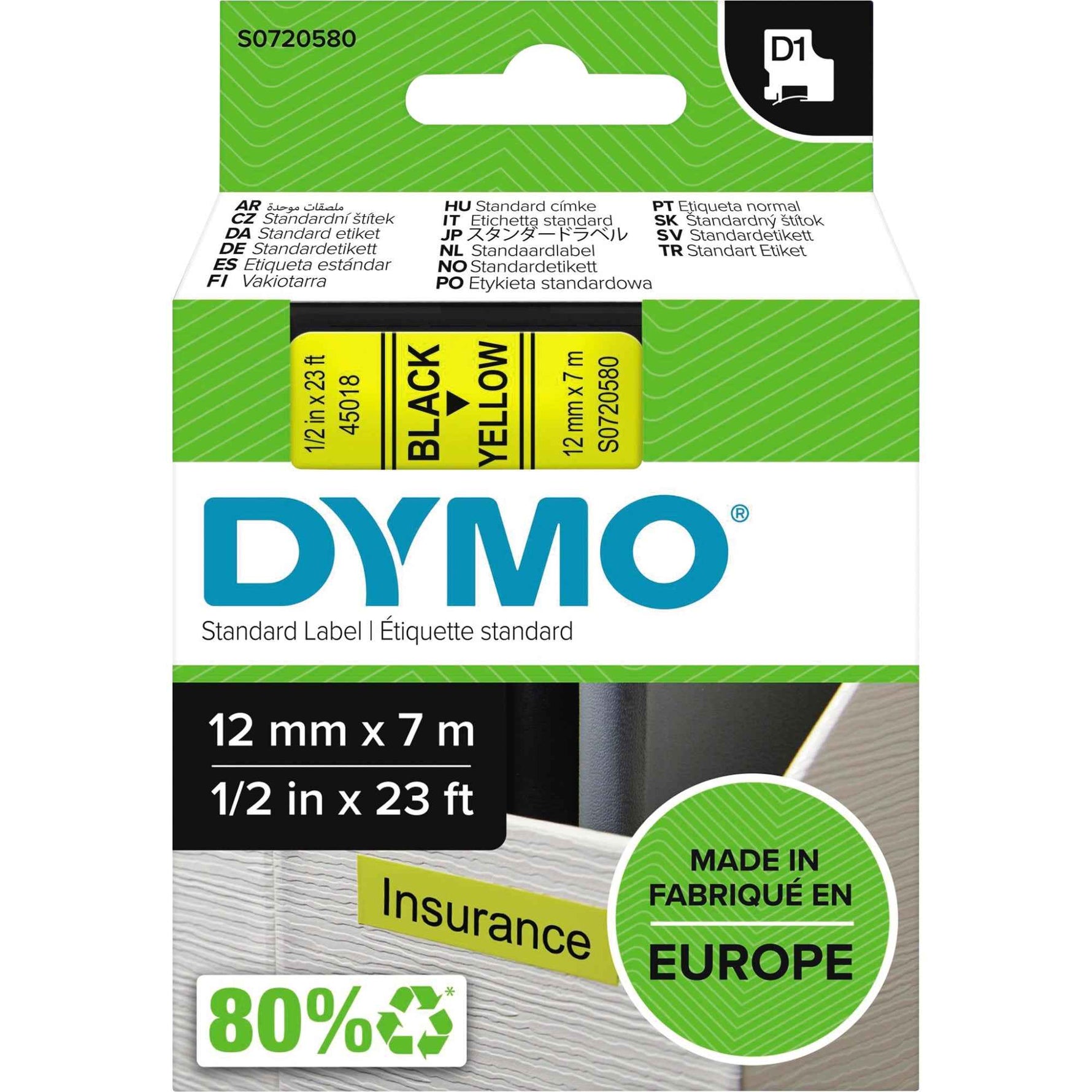 DYMO® Schriftbandkassette D1 12 mm x 7 m (B x L) gelb