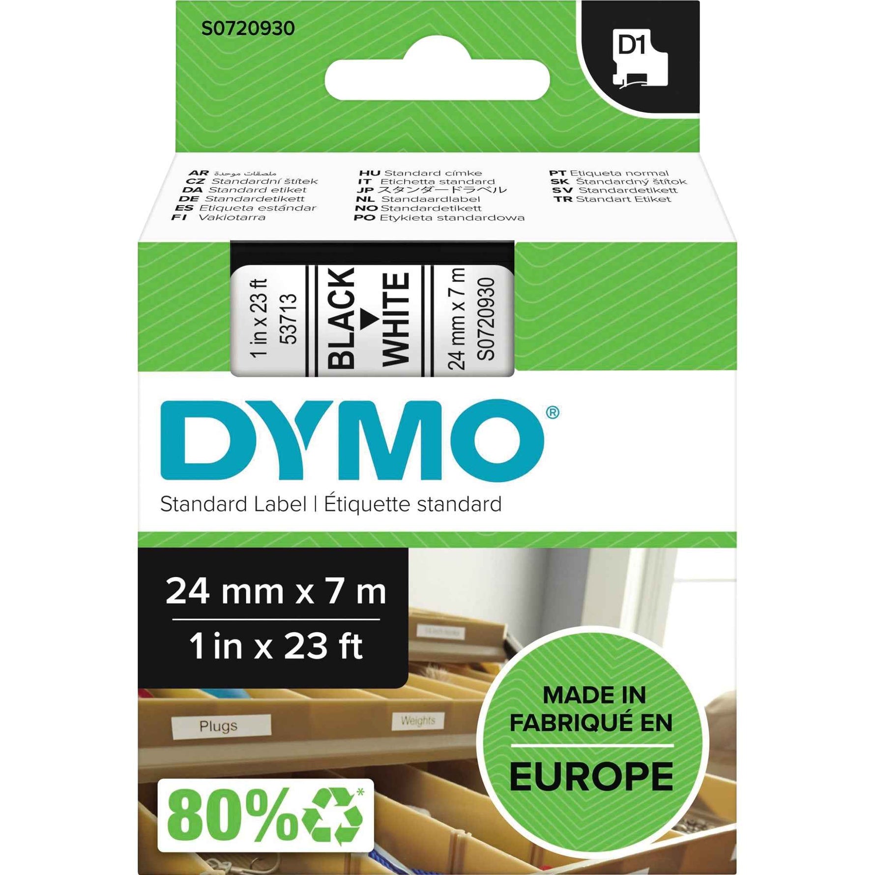 DYMO® Schriftbandkassette D1 24 mm x 7 m (B x L) Kunststoff, 100 % recycelt weiß
