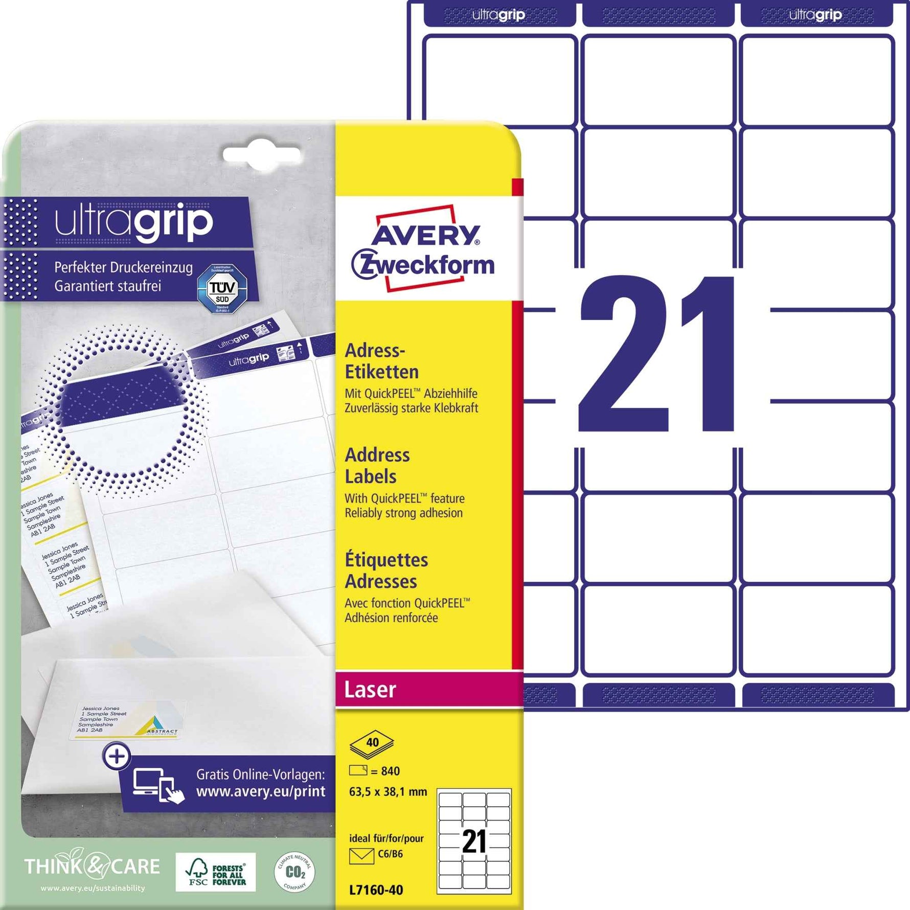 Avery Zweckform Adressetikett ultragrip 63,5 x 38,1 mm (B x H)