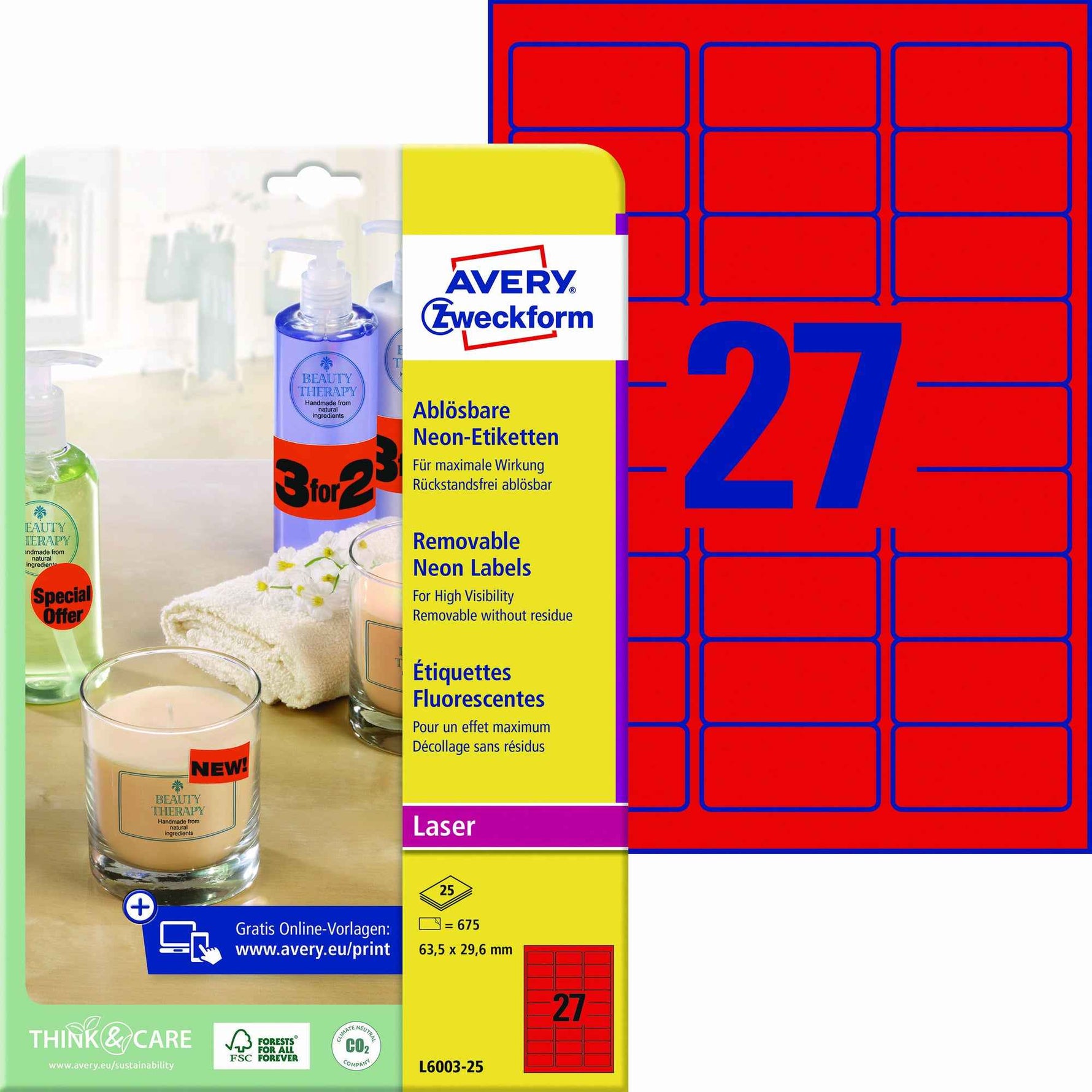 Avery Zweckform Neonetikett 63,5 x 29,6 mm (B x H)