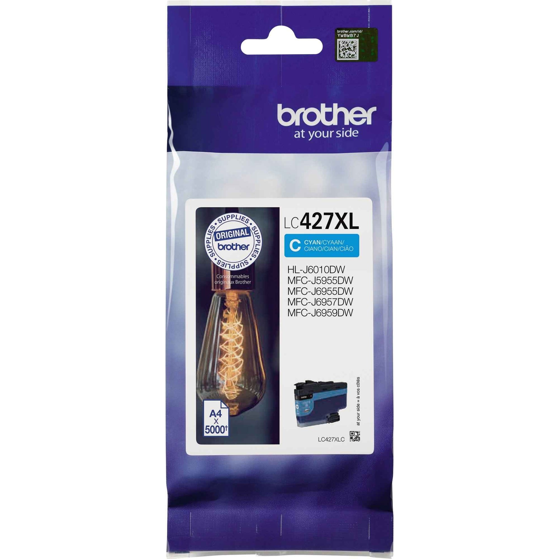 Brother LC-427XLC Cyan Tintenpatrone, original Druckerzubehör, für Farbdrucke, zeigt die blaue Tintenpatrone in Verpackung