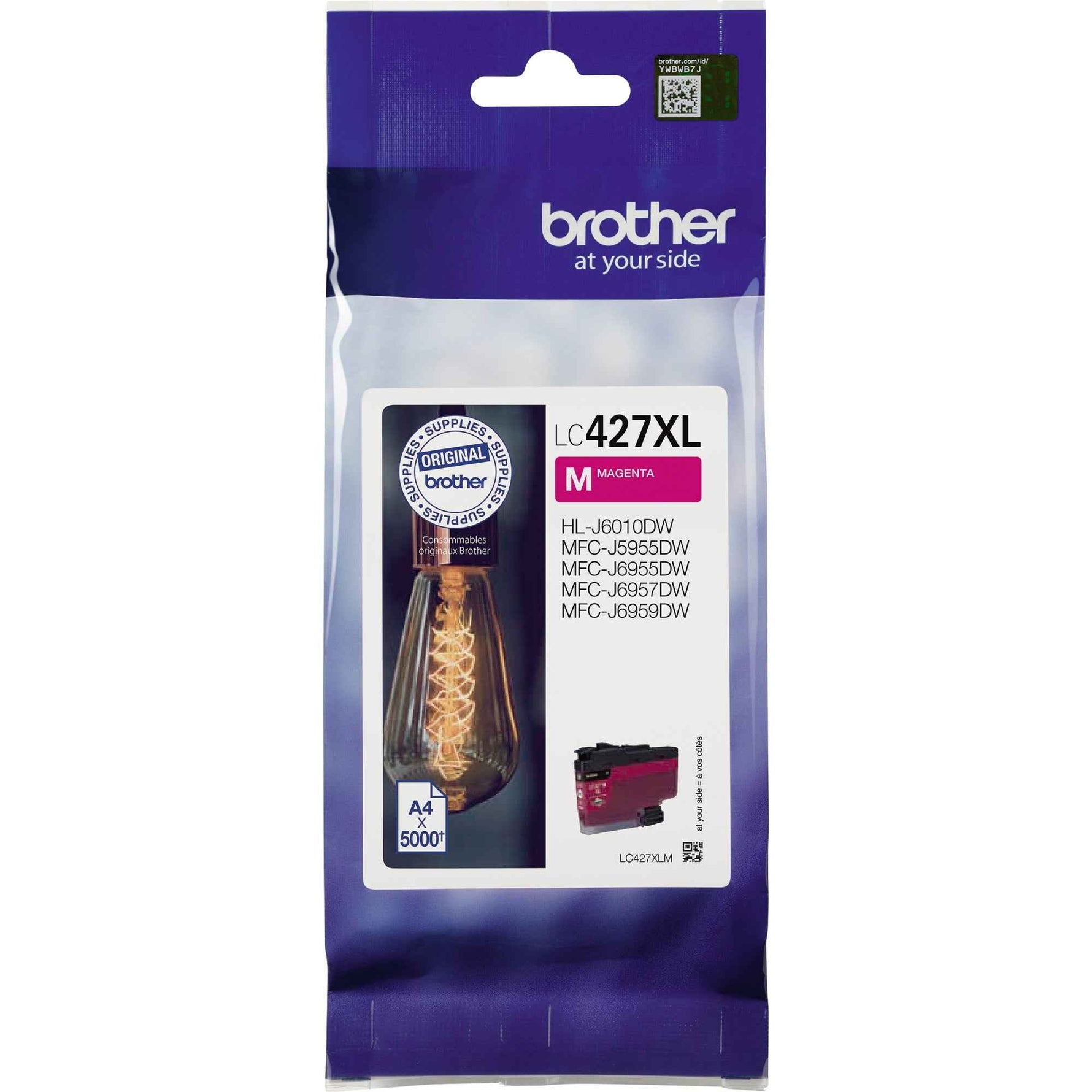 Brother Tintenpatrone LC-427XLM Magenta für Drucker, sichtbarer Tintenbehälter und Druckkopf in der Verpackung