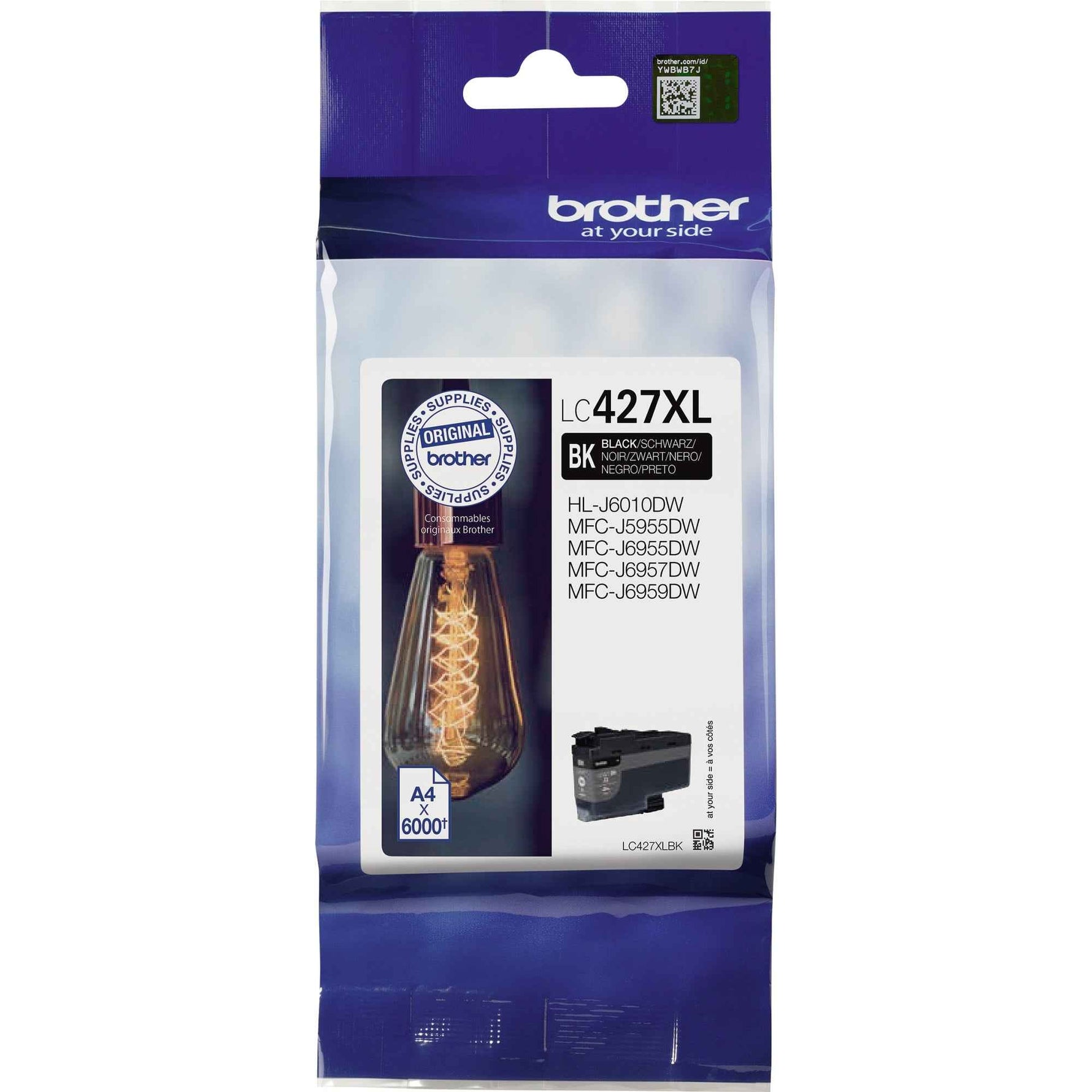 Schwarze Brother Tintenpatrone LC-427XLBK, kompatibel mit Druckern, zeigt die Tintenpatrone in der Verpackung.
