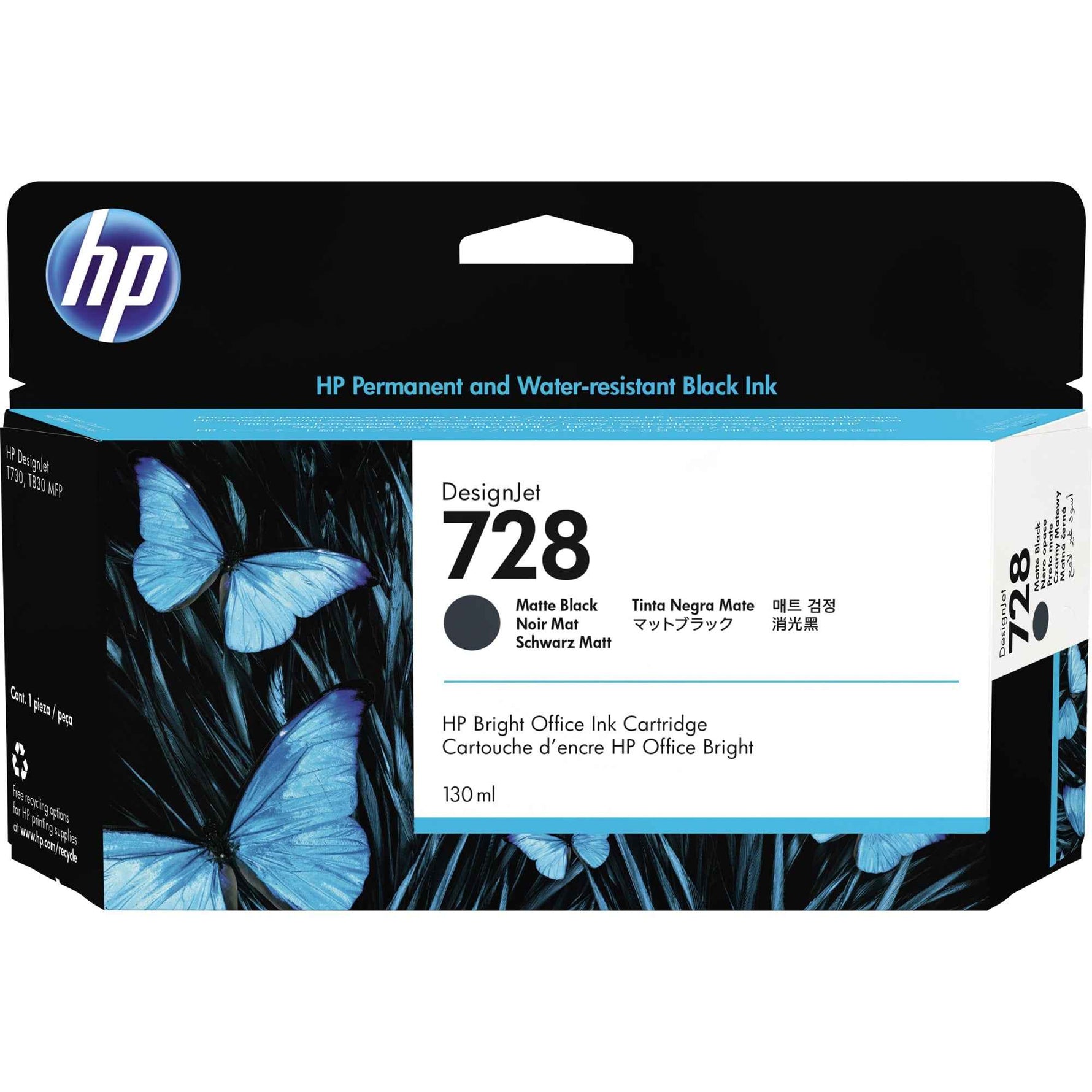Schwarze matte HP Tintenpatrone 728, Tintenpatrone für Drucker, zeigt die Patrone vor einem weißen Hintergrund