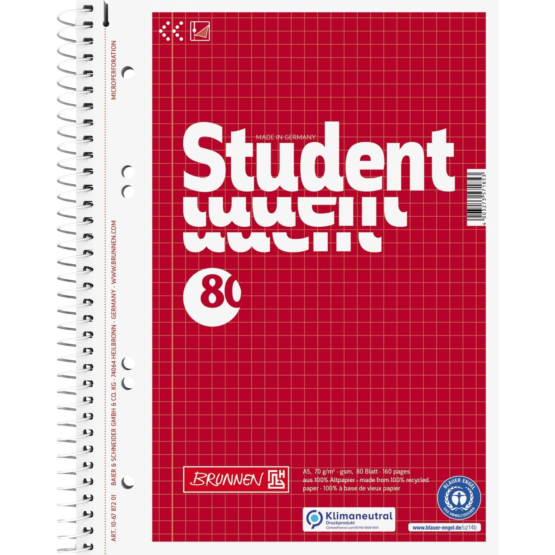 BRUNNEN Collegeblock Student Recycling DIN A5 kariert