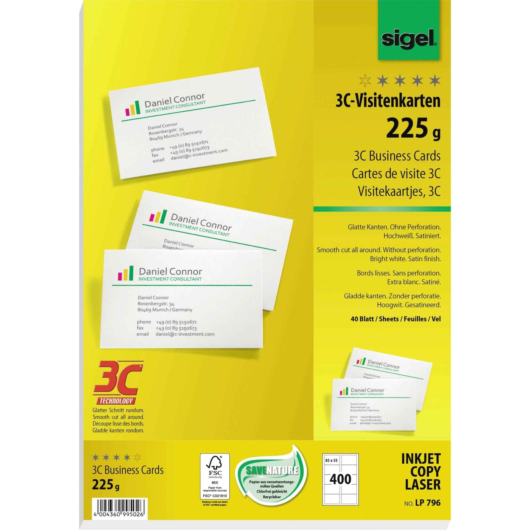 SIGEL Visitenkarte 225 g/m² ohne abgerundete Ecken 400 St./Pack.