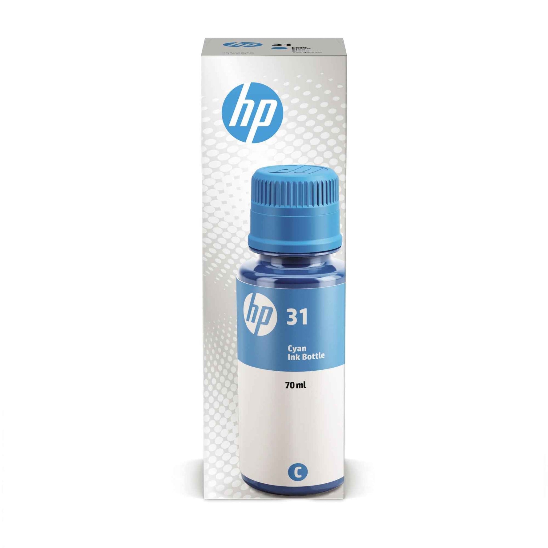 HP Nachfülltinte für Tintenstrahldrucker 31 in Cyan, Flasche mit Tintenfüllung, zeigt Tintenbehälter und Verpackung