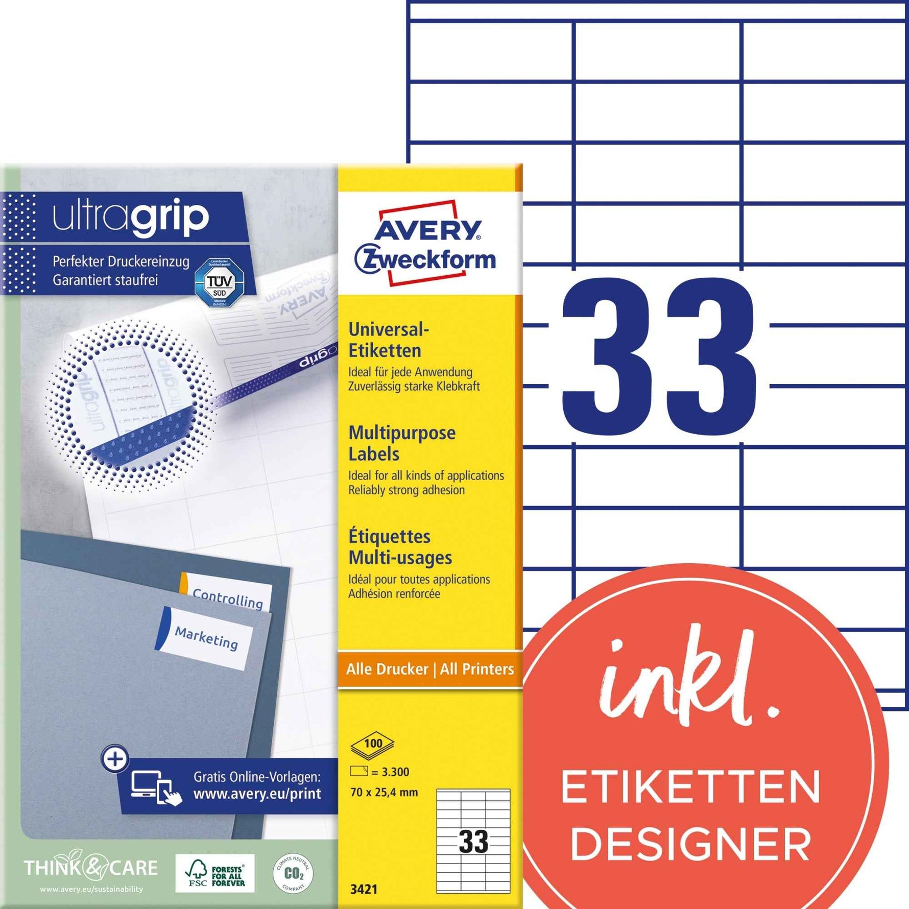 Avery Zweckform Universaletikett ultragrip 70 x 25,4 mm (B x H)