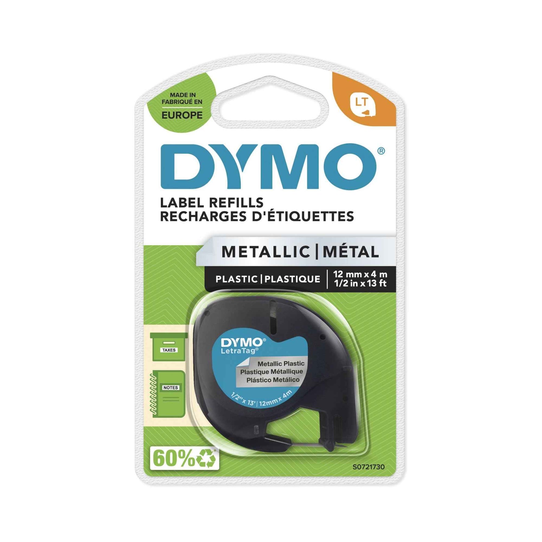 DYMO® Schriftbandkassette LT 12 mm x 4 m (B x L) Kunststoff, 100 % recycelt silber metallic