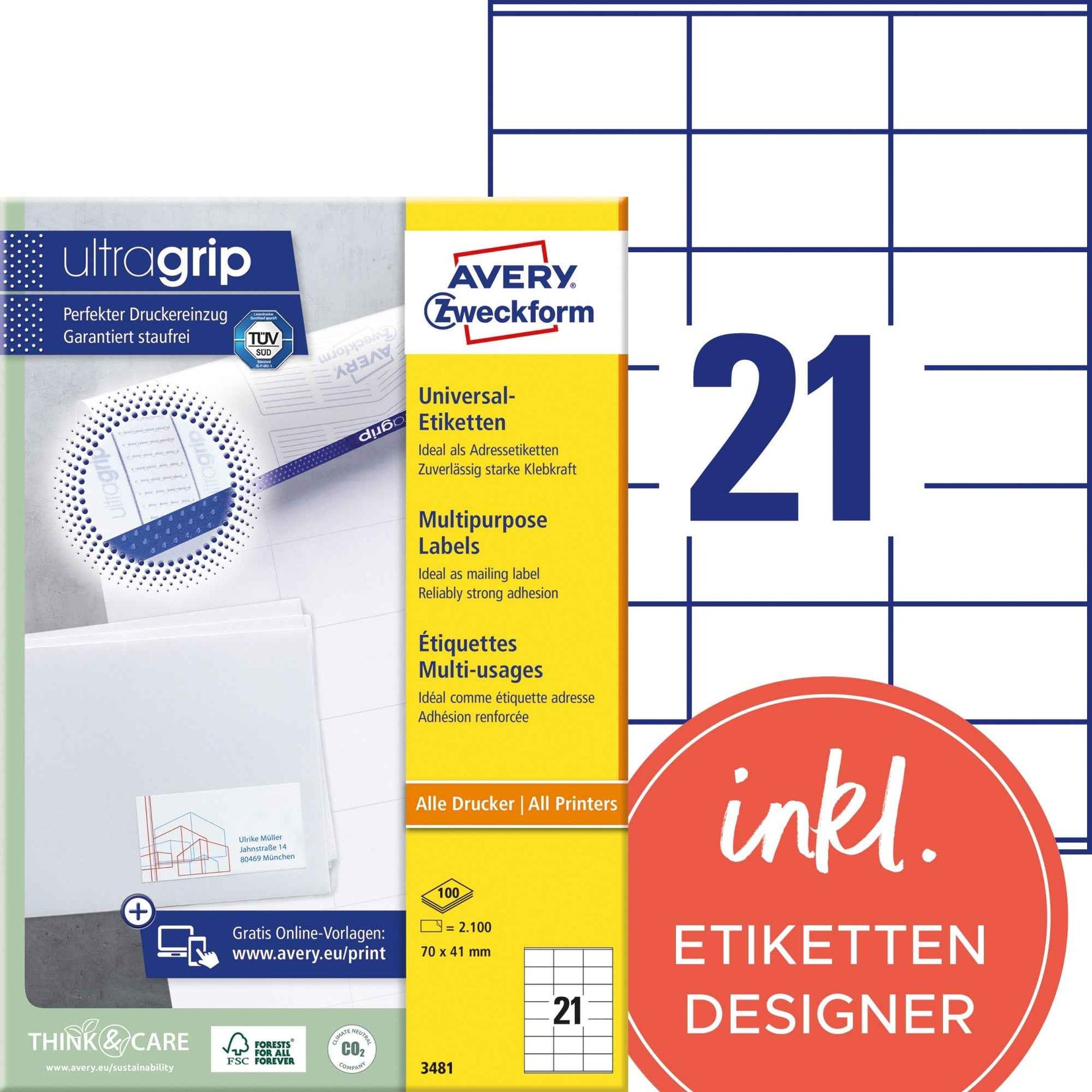Avery Zweckform Universaletikett ultragrip 70 x 41 mm (B x H)