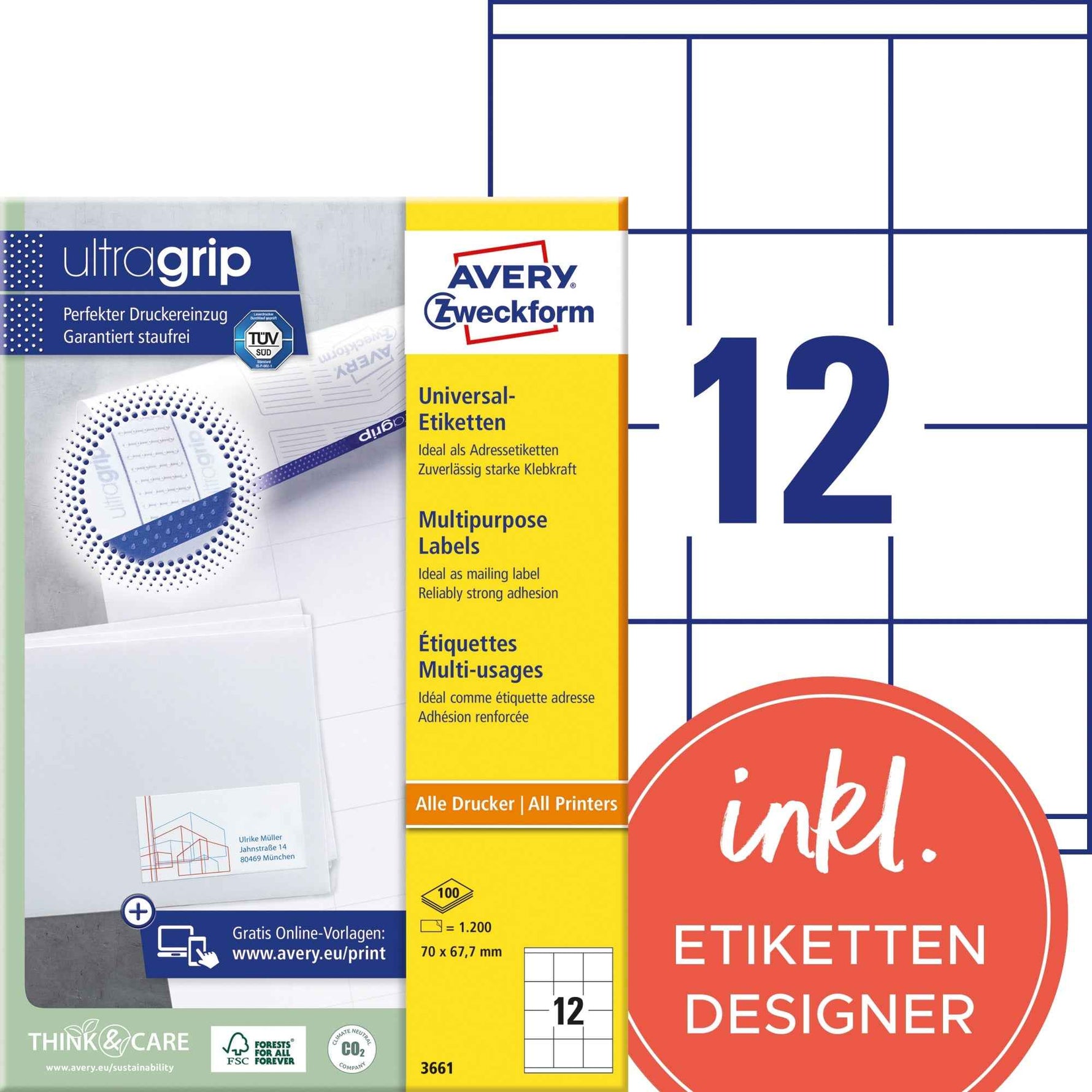 Avery Zweckform Universaletikett ultragrip 70 x 67,7 mm (B x H)