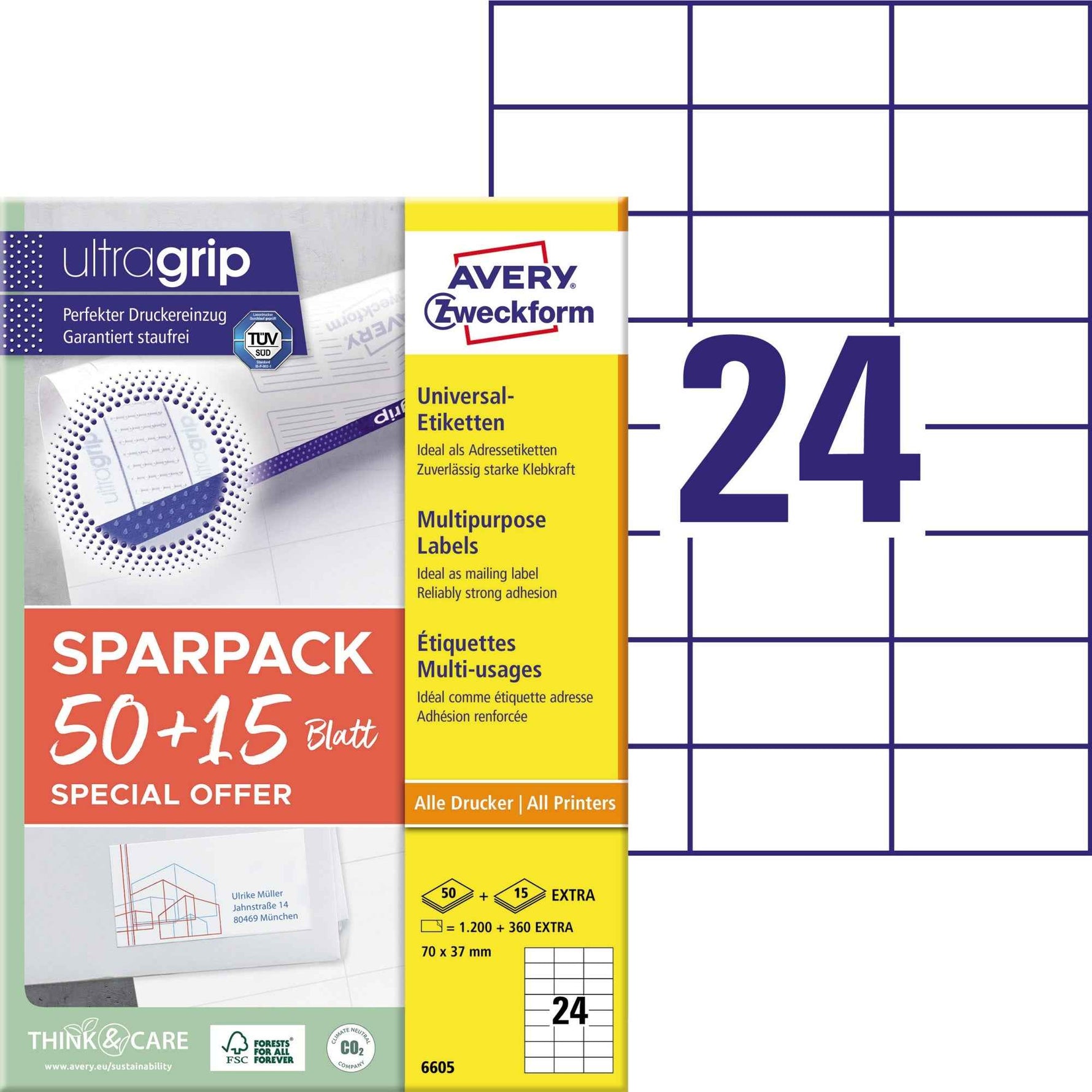 Avery Zweckform Universaletikett ultragrip SPARPACK 50 + 15 Blatt 70 x 37 mm (B x H)