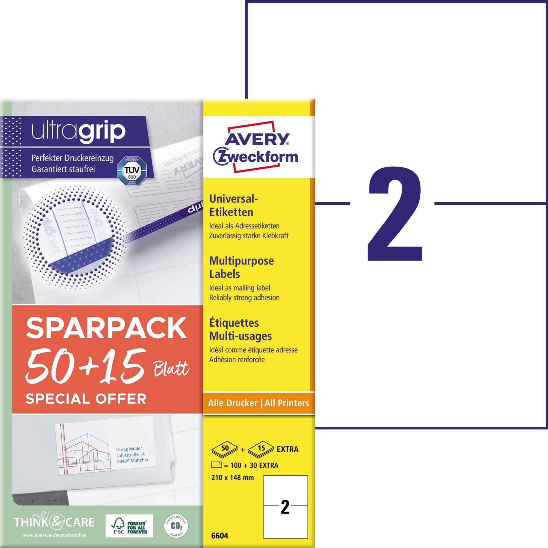 Avery Zweckform Universaletikett ultragrip SPARPACK 50 + 15 Blatt 210 x 148 mm (B x H)