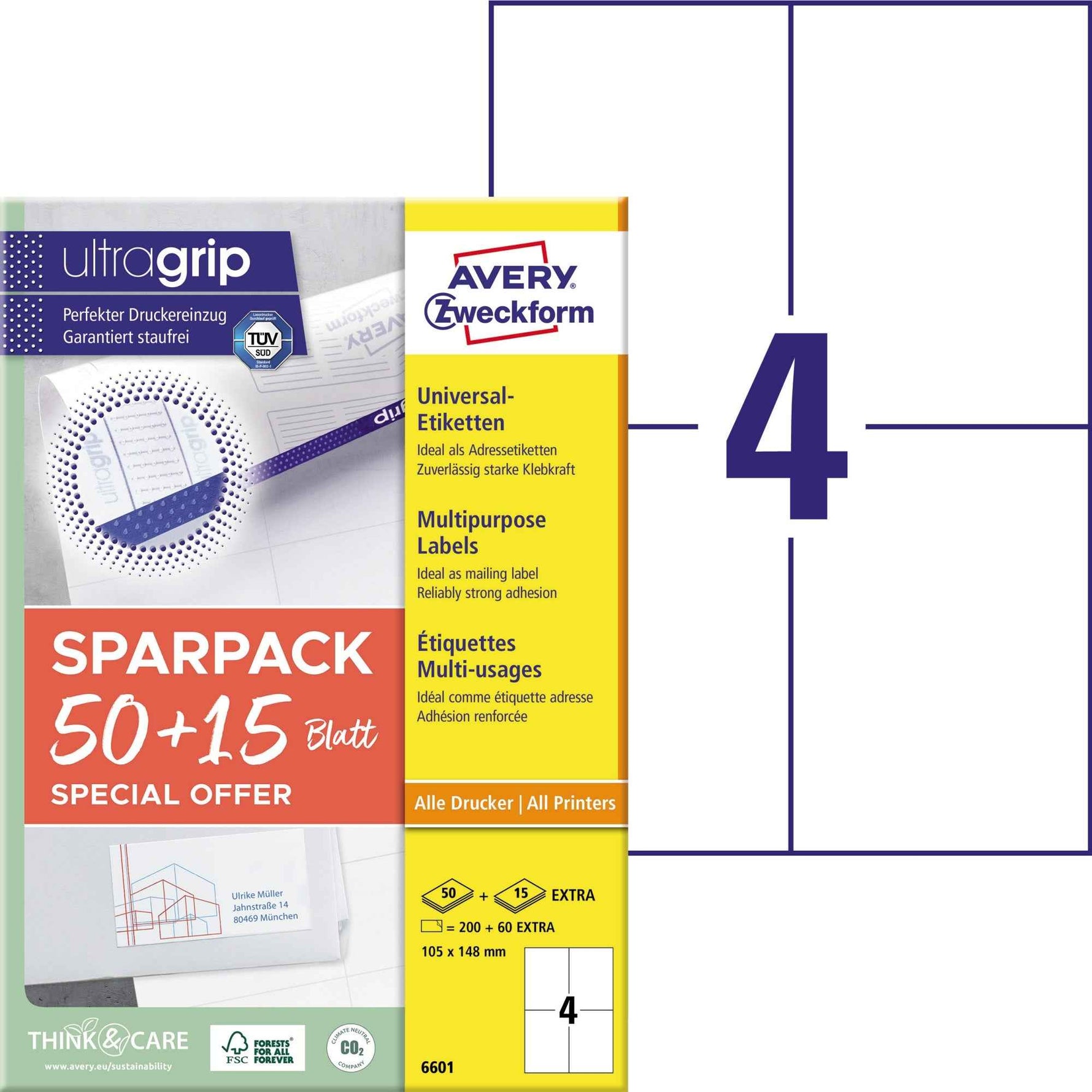 Avery Zweckform Universaletikett ultragrip SPARPACK 50 + 15 Blatt 105 x 148 mm (B x H)