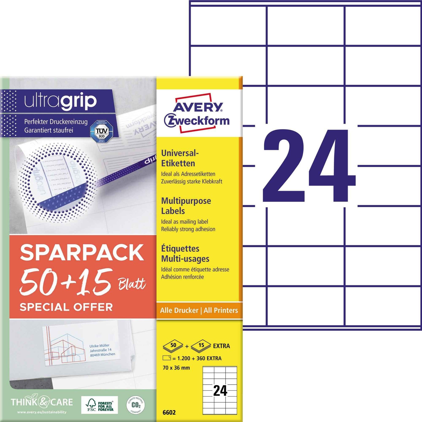 Avery Zweckform Universaletikett ultragrip SPARPACK 50 + 15 Blatt 70 x 36 mm (B x H)