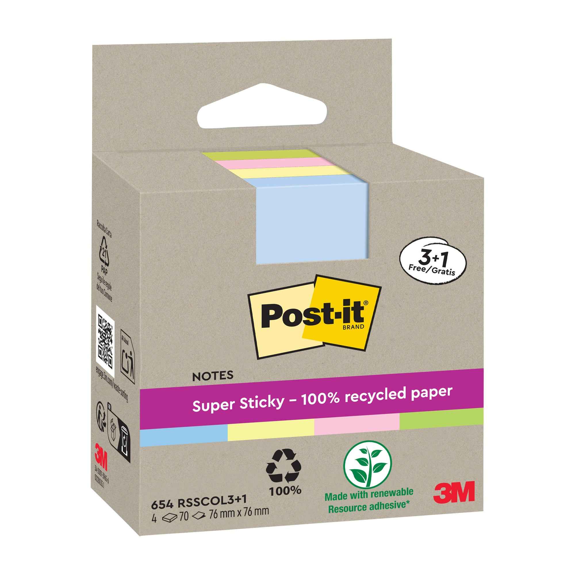 Post-it® Haftnotiz Recycling Notes Super Sticky 76 x 76 mm (B x H) 4 Block/Pack.