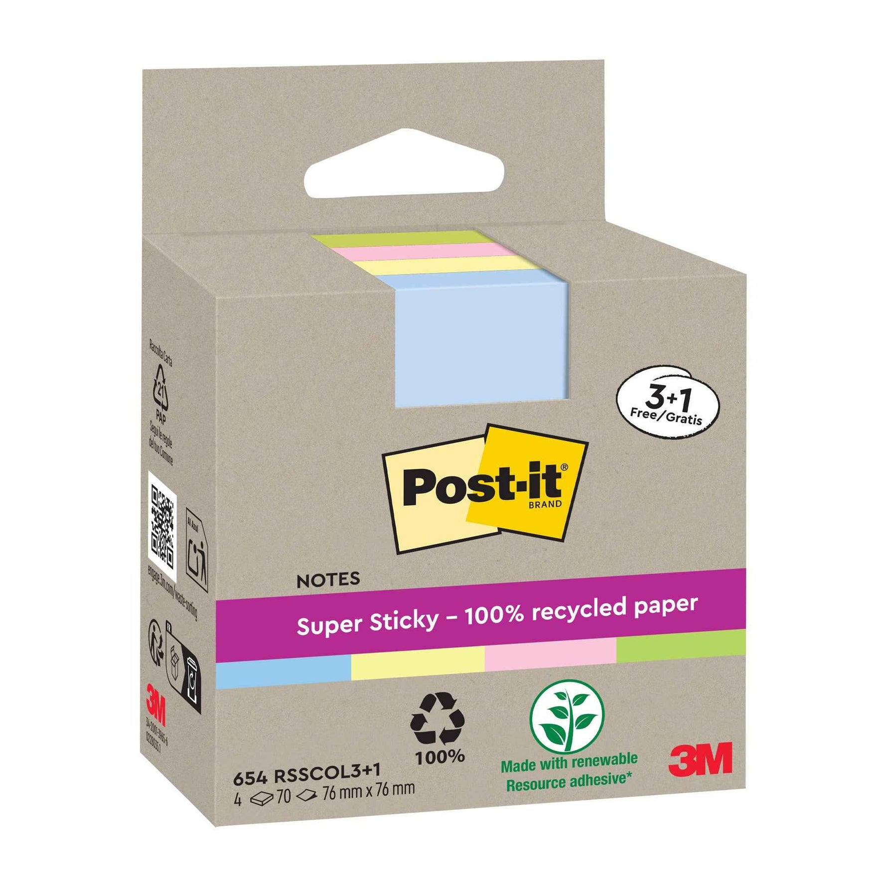 Post-it® Haftnotiz Recycling Notes Super Sticky 76 x 76 mm (B x H) 4 Block/Pack.