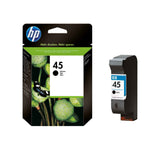 Schwarze HP Tintenpatrone 45, kompatibel mit HP Druckern, zeigt die Tintenpatrone in ihrer Verpackung.