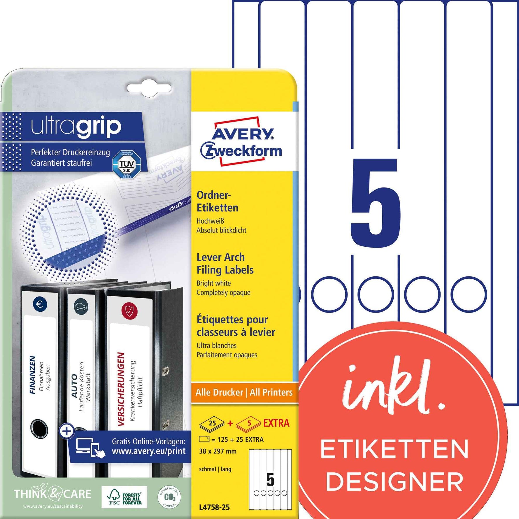 Avery Zweckform Ordnerrückenetikett ultragrip schmal/lang