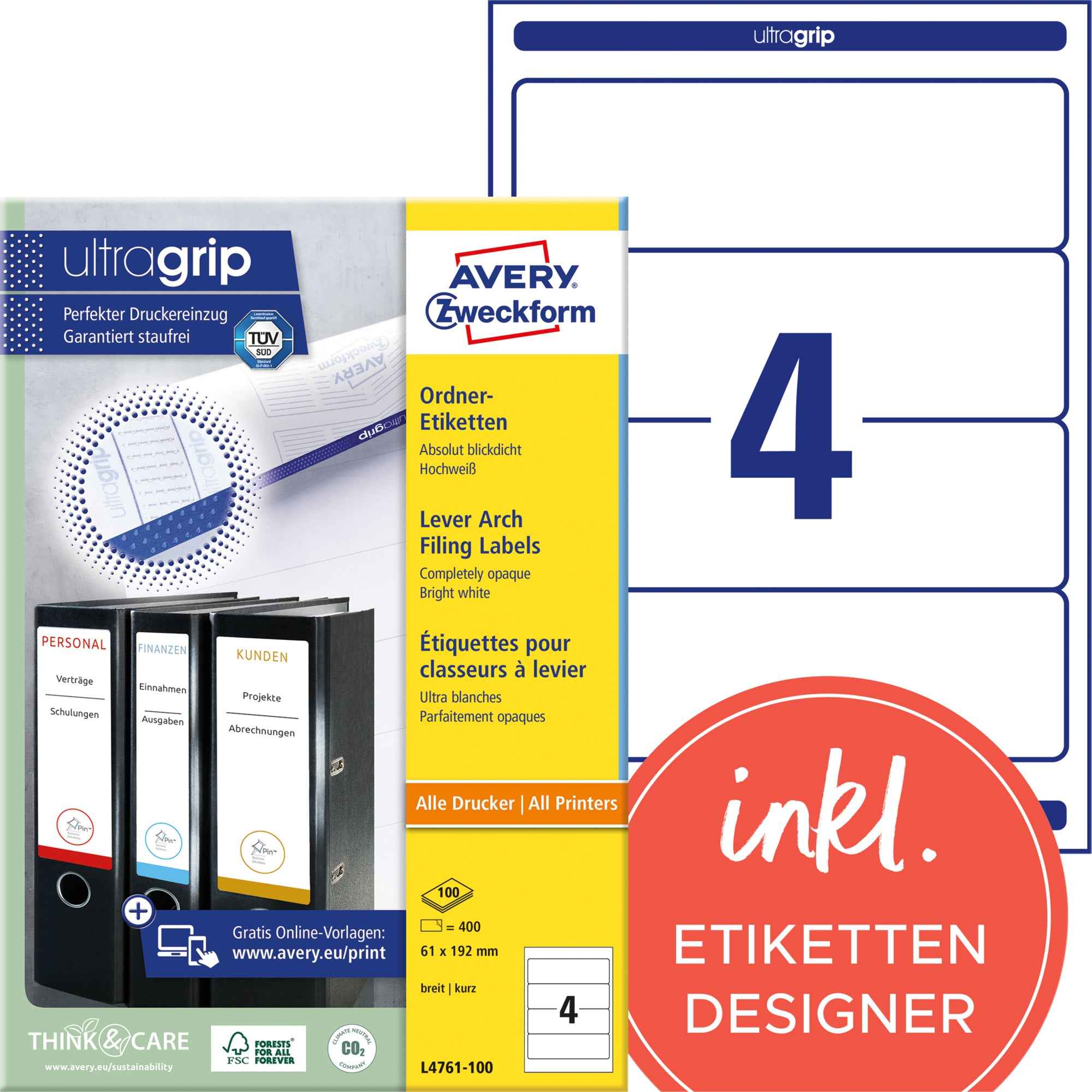 Avery Zweckform Ordnerrückenetikett ultragrip breit/kurz 400 Etik./Pack.
