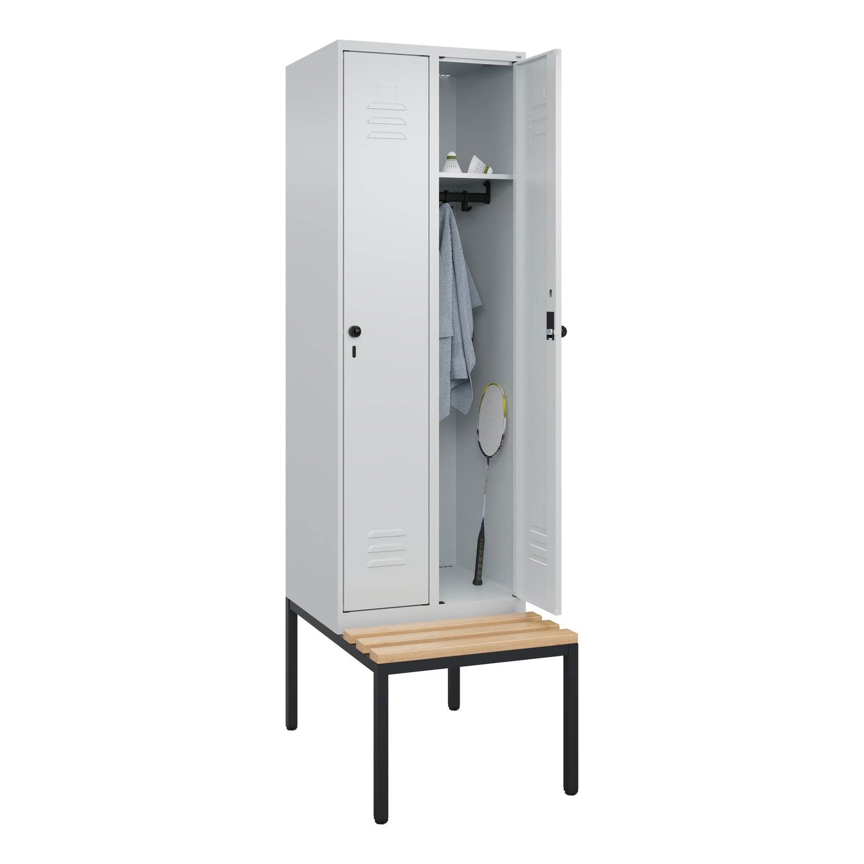 C+P Kleiderspind Classic PLUS mit untergebauter Sitzbank 2 Abteile lichtgrau – Produktbild 3