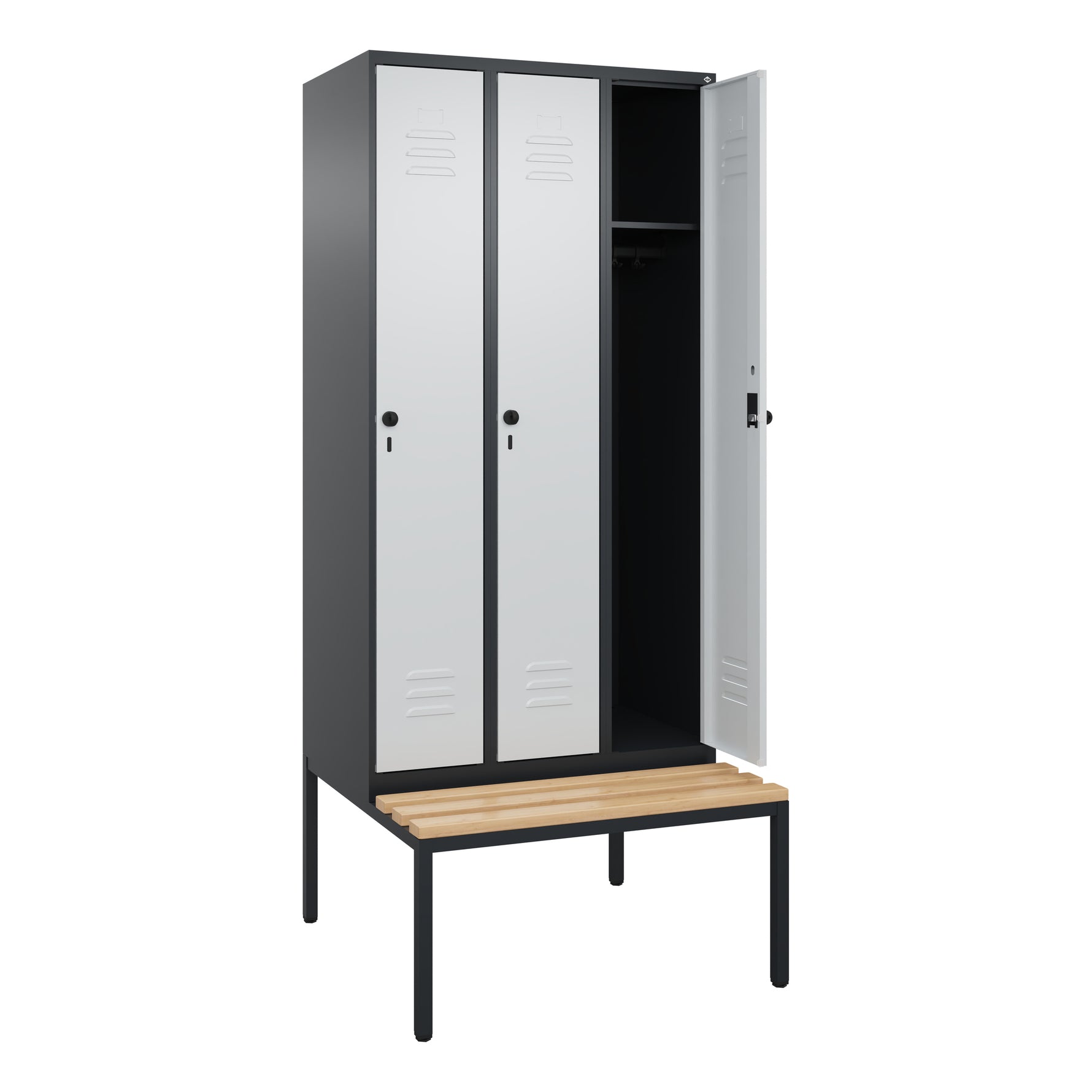 C+P Kleiderspind Classic PLUS mit untergebauter Sitzbank 3 Abteile schwarzgrau