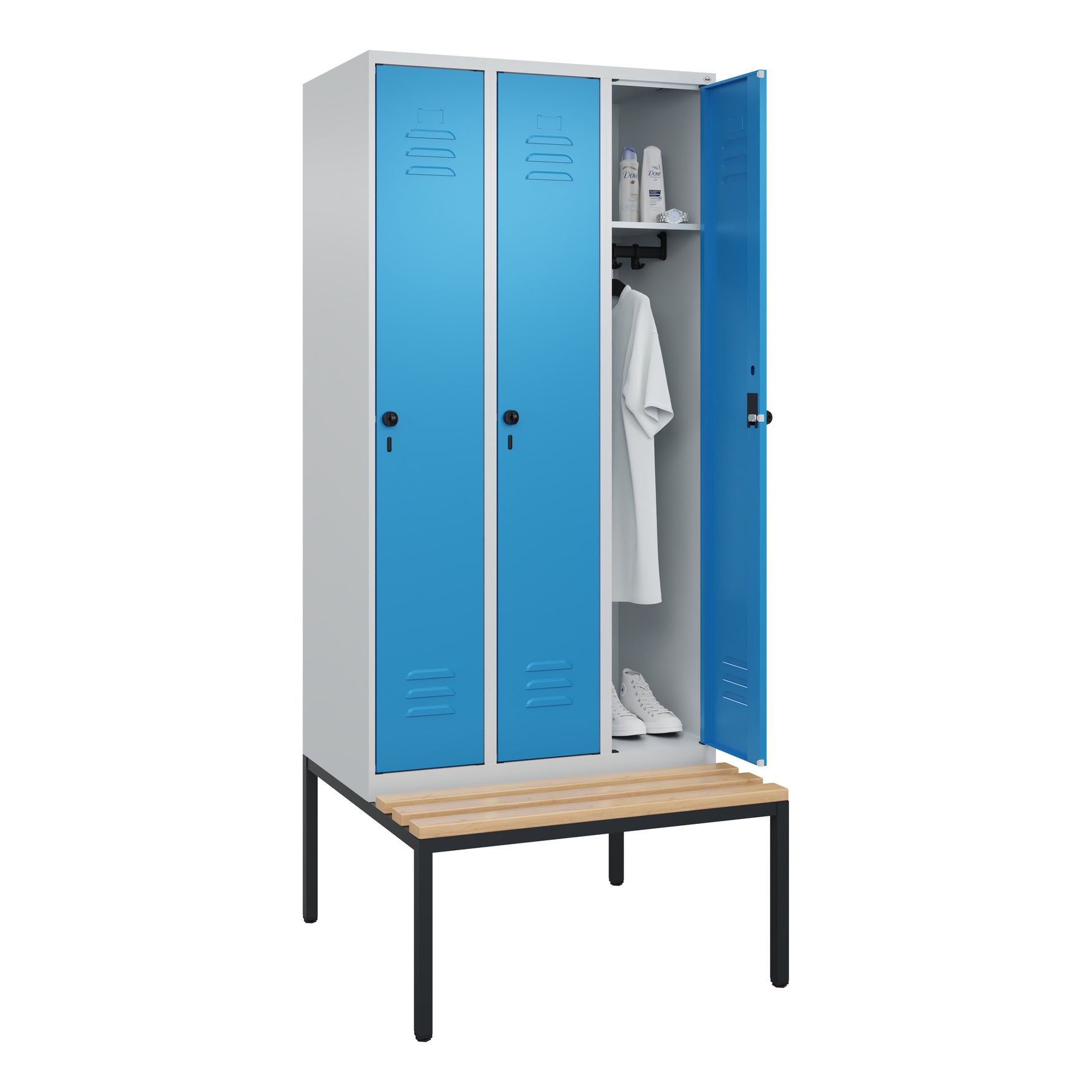 C+P Kleiderspind Classic PLUS mit untergebauter Sitzbank 3 Abteile lichtgrau