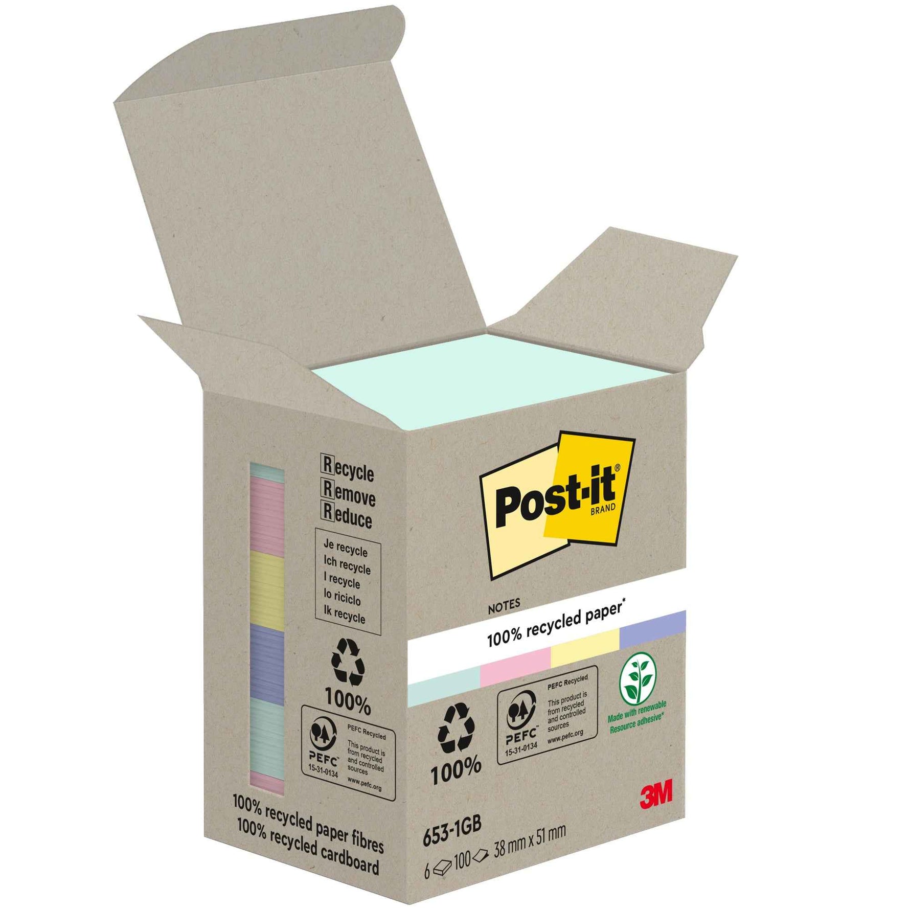Post-it® Haftnotiz Recycling Notes Tower Pastell Rainbow 38 x 51 mm (B x H) 6 Block/Pack.
