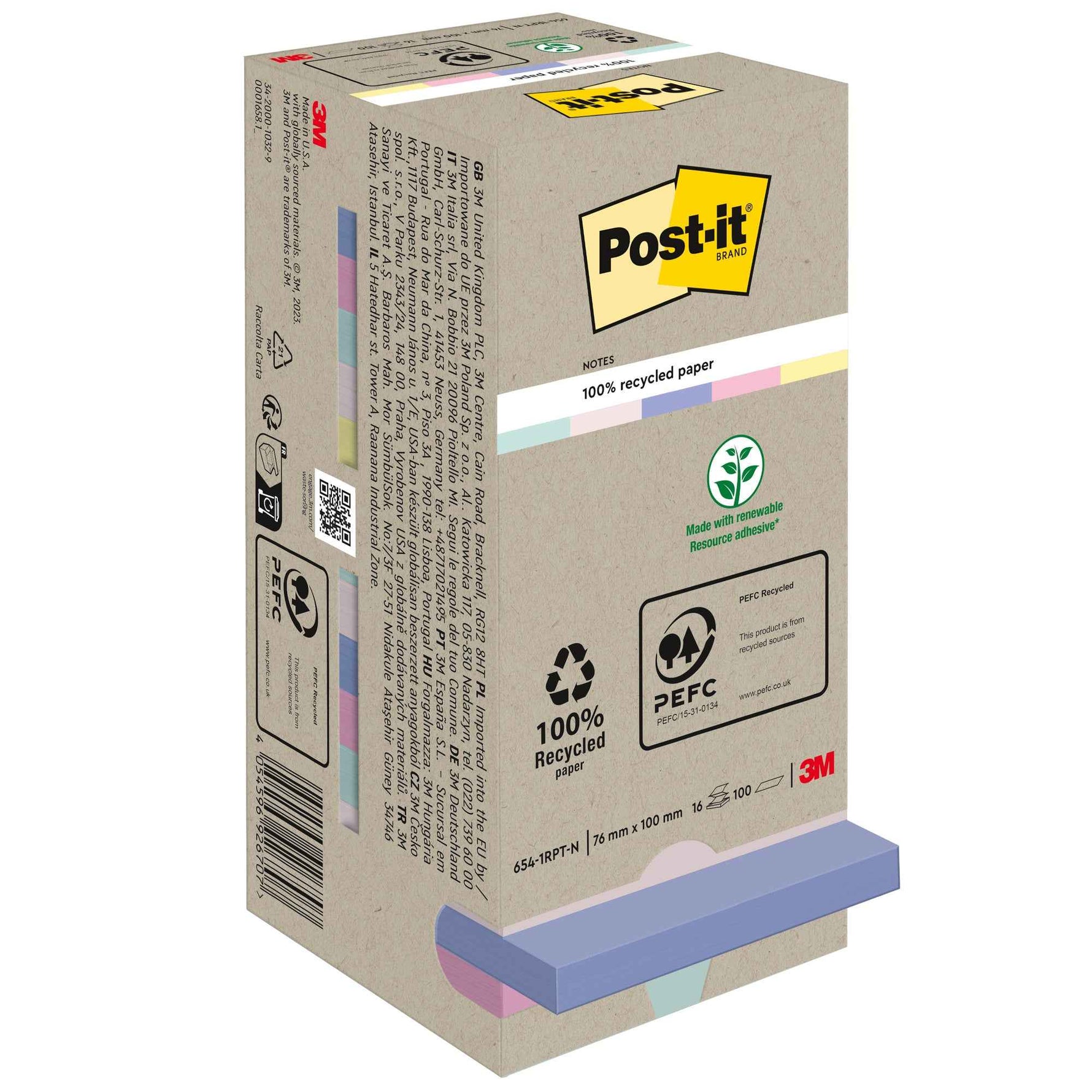 Post-it® Haftnotiz Recycling Notes Tower Pastell Rainbow 76 x 76 mm (B x H) 16 Block/Pack.