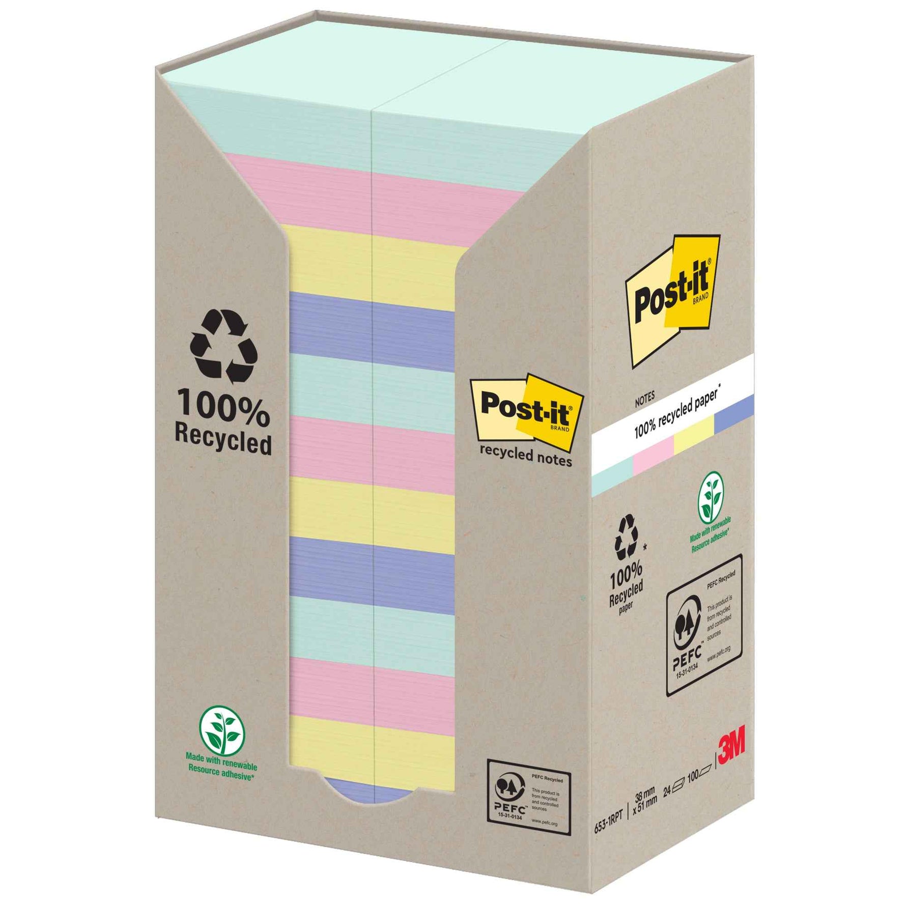 Post-it® Haftnotiz Recycling Notes Tower Pastell Rainbow 38 x 51 mm (B x H) 24 Block/Pack.