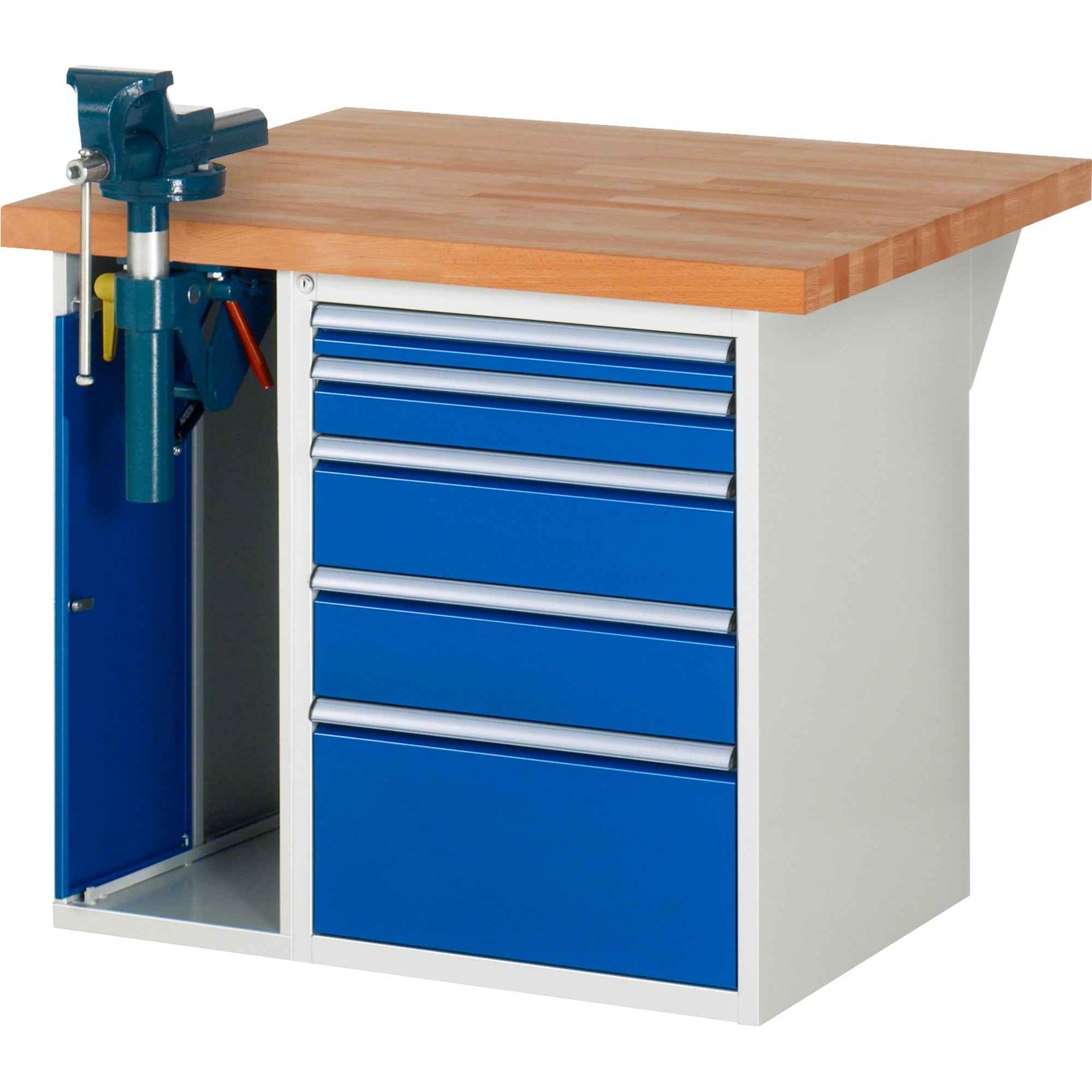 RAU Werkbank 7000 Schraubstock mit Klapplift 1.000 x 890 x 900 mm (B x H x T) 5 Schubladen
