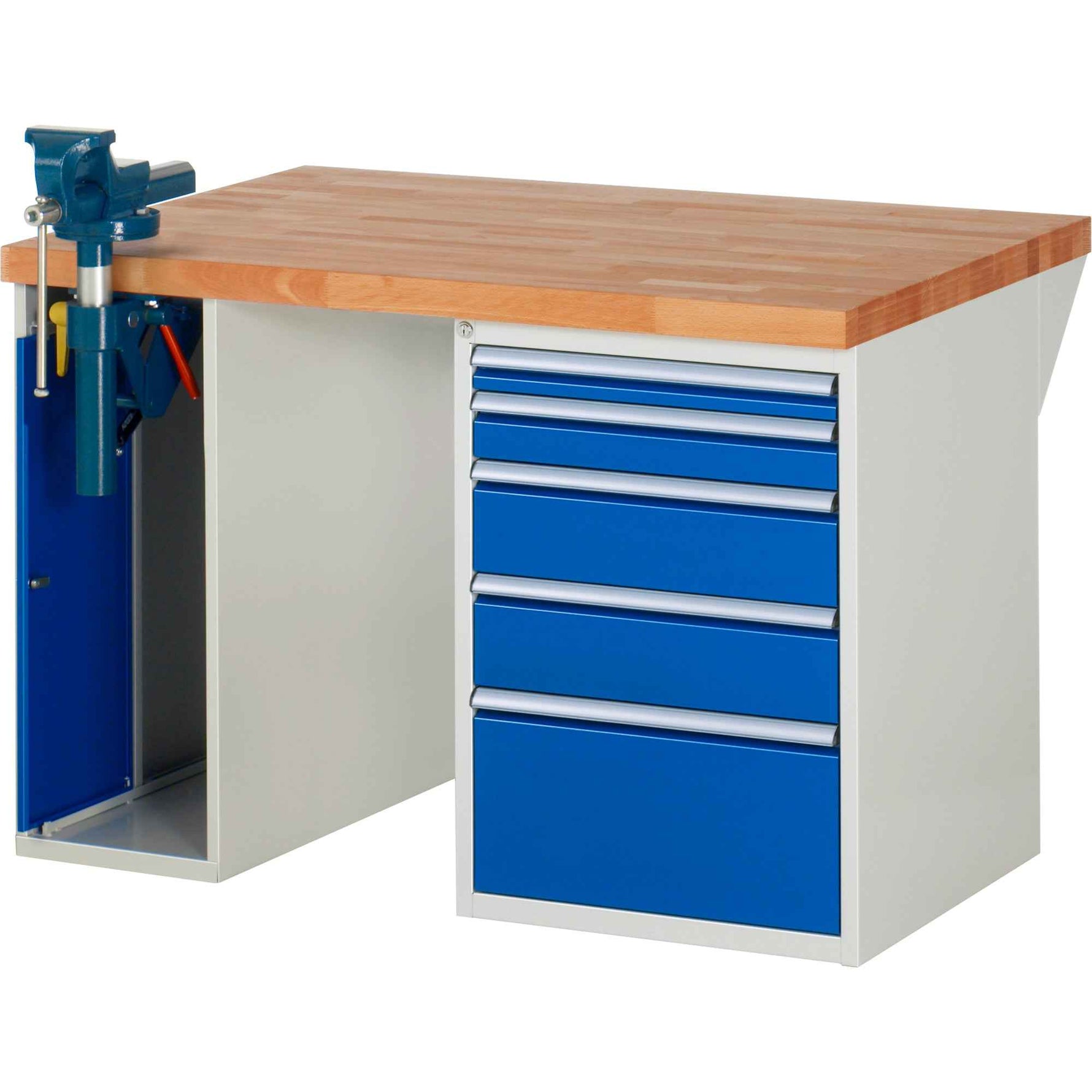 RAU Werkbank 7000 Schraubstock mit Klapplift 1.250 x 890 x 900 mm (B x H x T) 5 Schubladen