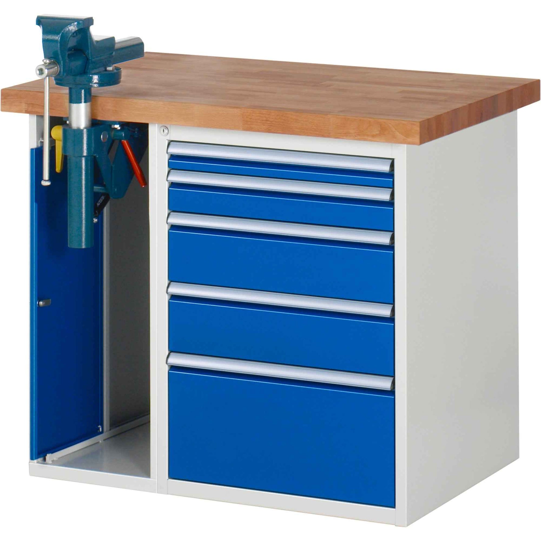 RAU Werkbank 7000 Schraubstock mit Klapplift 1.000 x 890 x 700 mm (B x H x T) 5 Schubladen