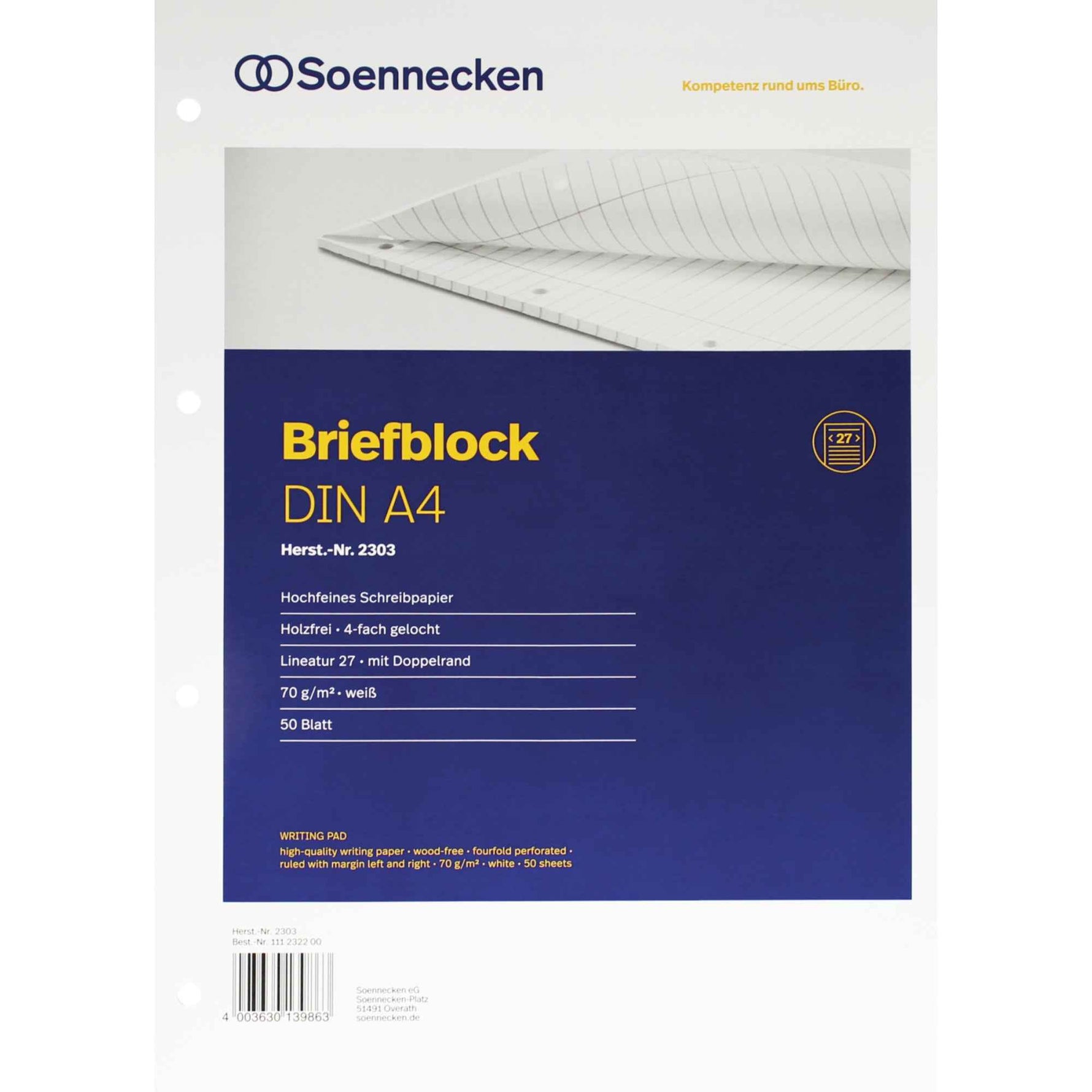 Soennecken Briefblock DIN A4 liniert mit Rand innen/außen Lineatur 27