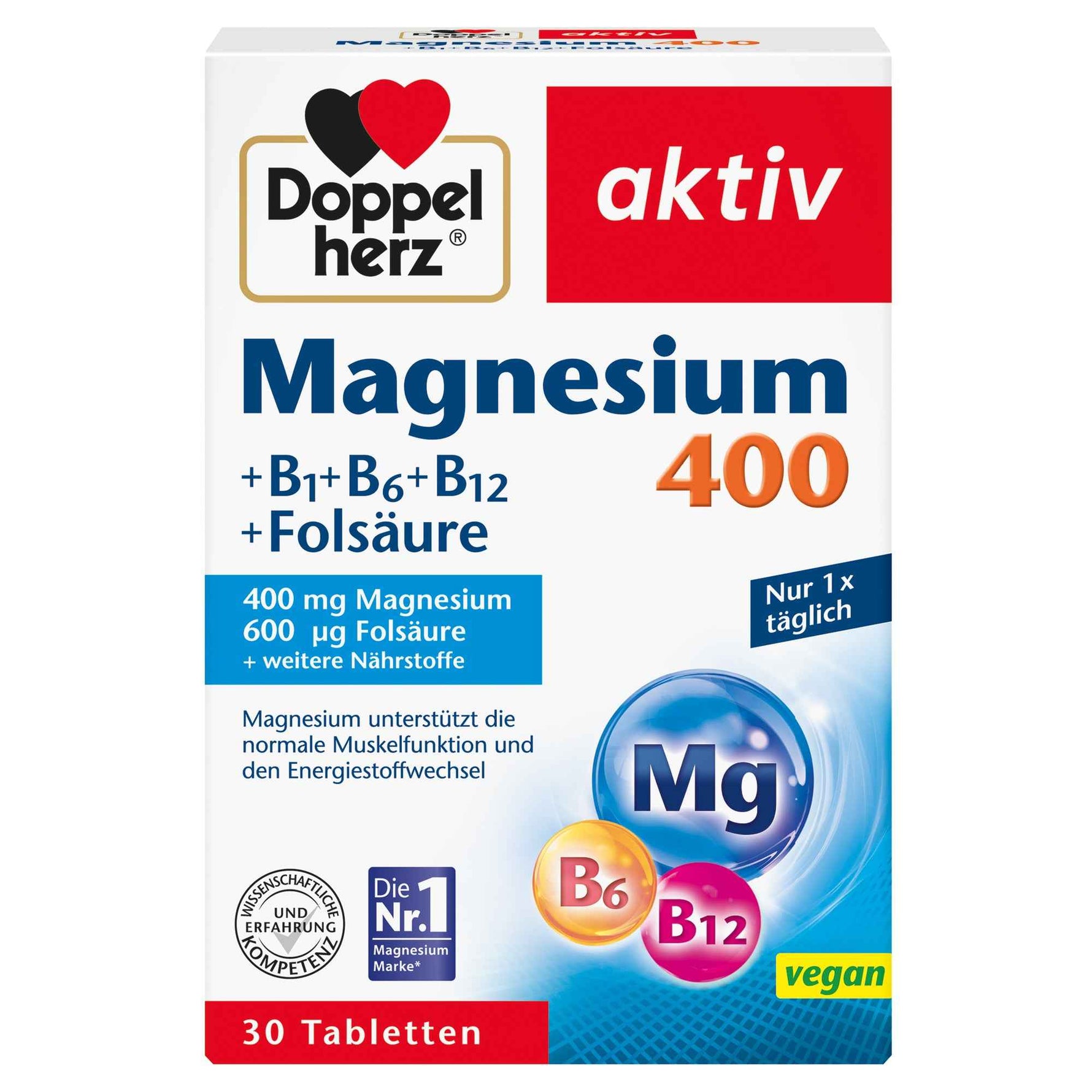 Doppelherz Nahrungsergänzungsmittel aktiv Magnesium 400 + B1 + B6 + B12 + Folsäure