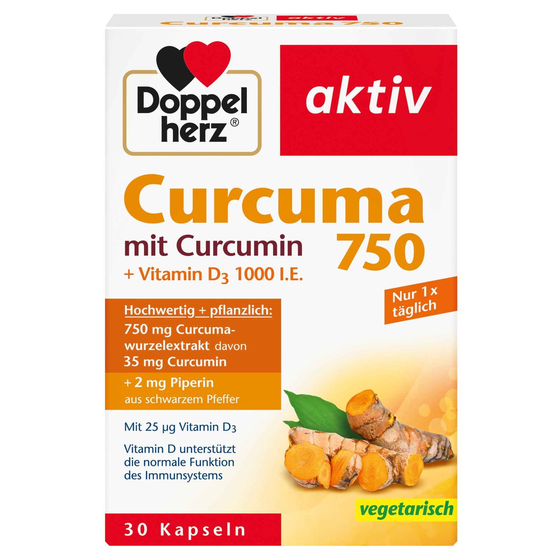 Doppelherz Nahrungsergänzungsmittel aktiv Curcuma 750 mit Curcumin + Vitamin D3 1000 I.E.