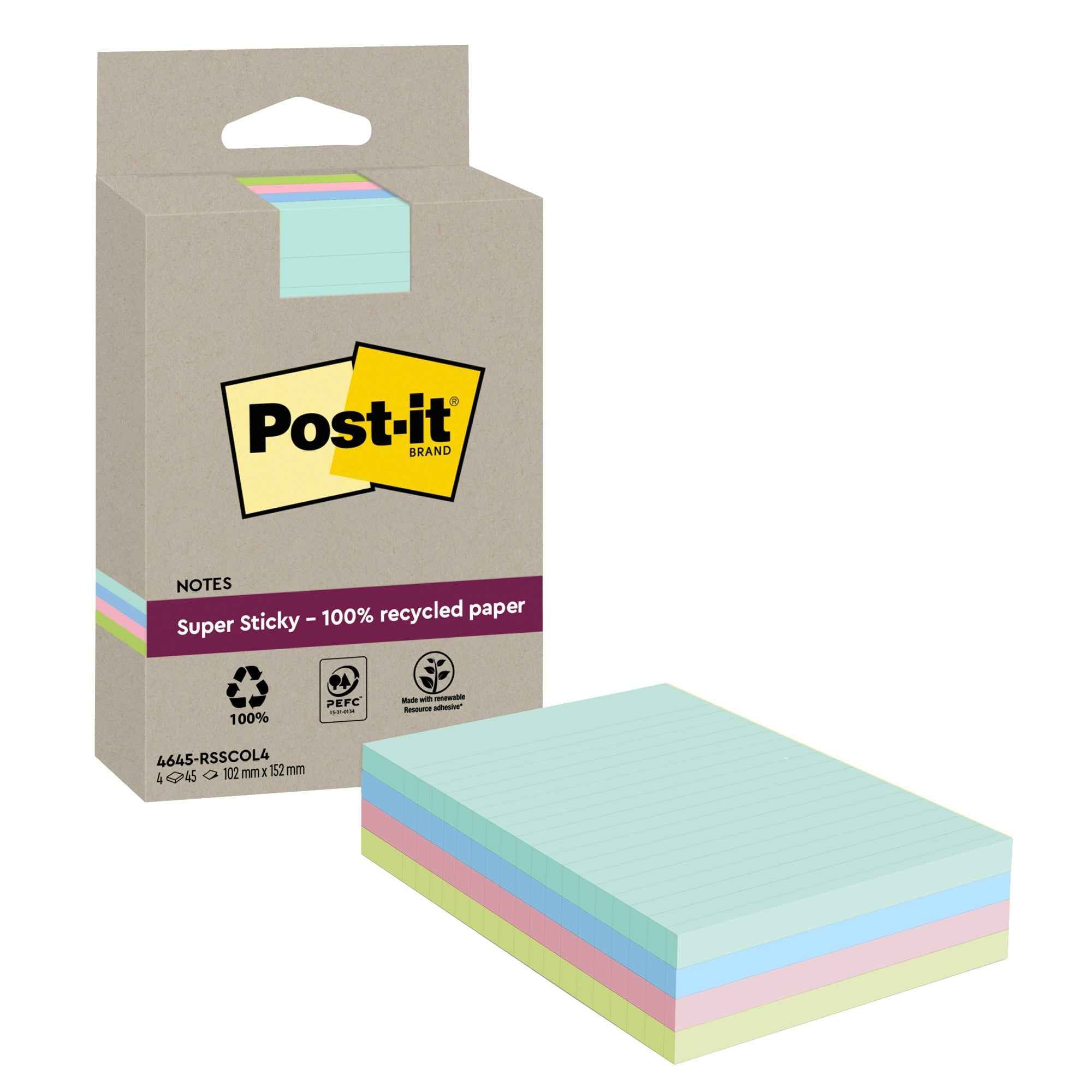 Post-it® Haftnotiz Recycling Notes Super Sticky 102 x 152 mm (B x H) 4 Block/Pack.