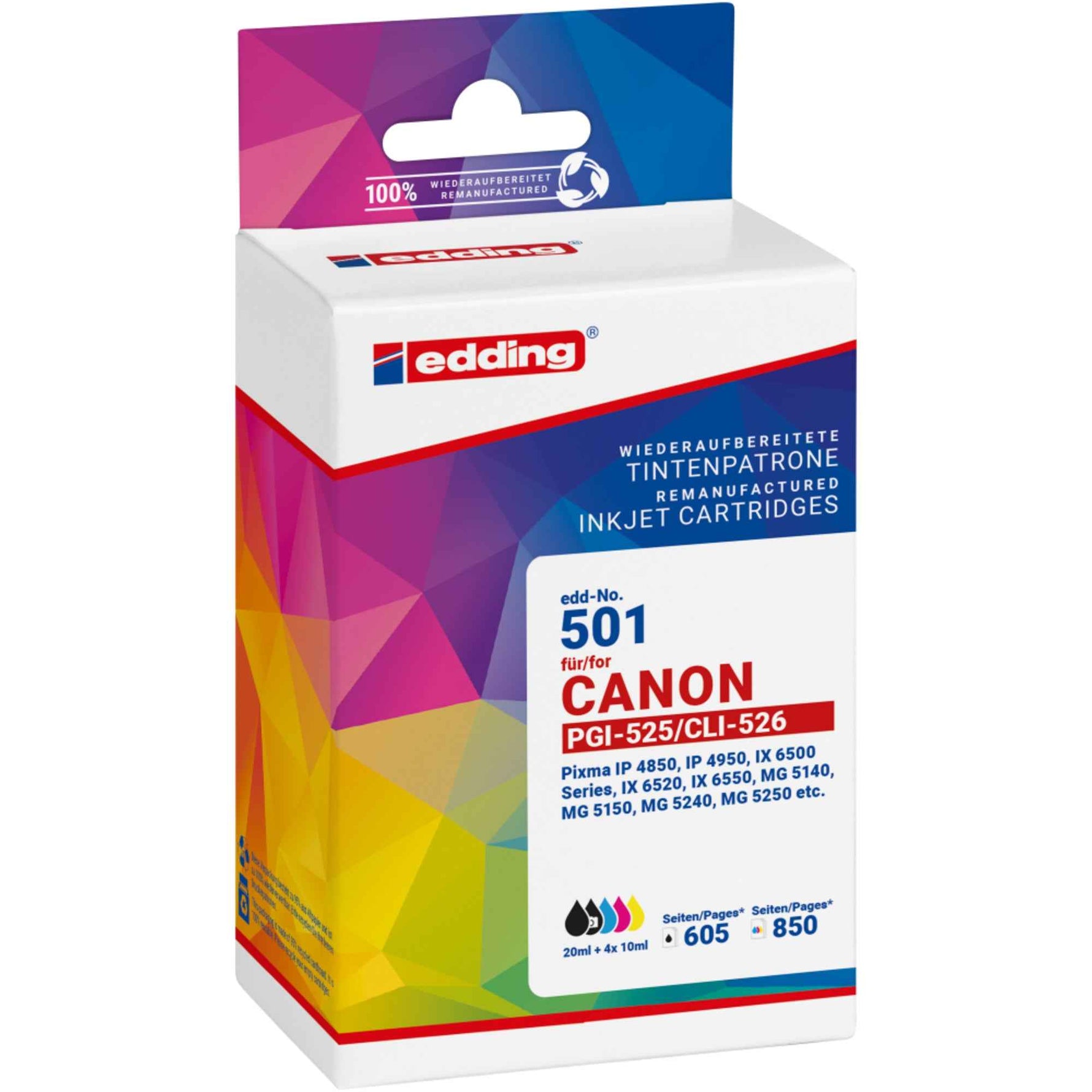 edding Tintenpatrone Kompatibel mit Canon PGI-525/CLI-526 schwarz, cyan, magenta, gelb