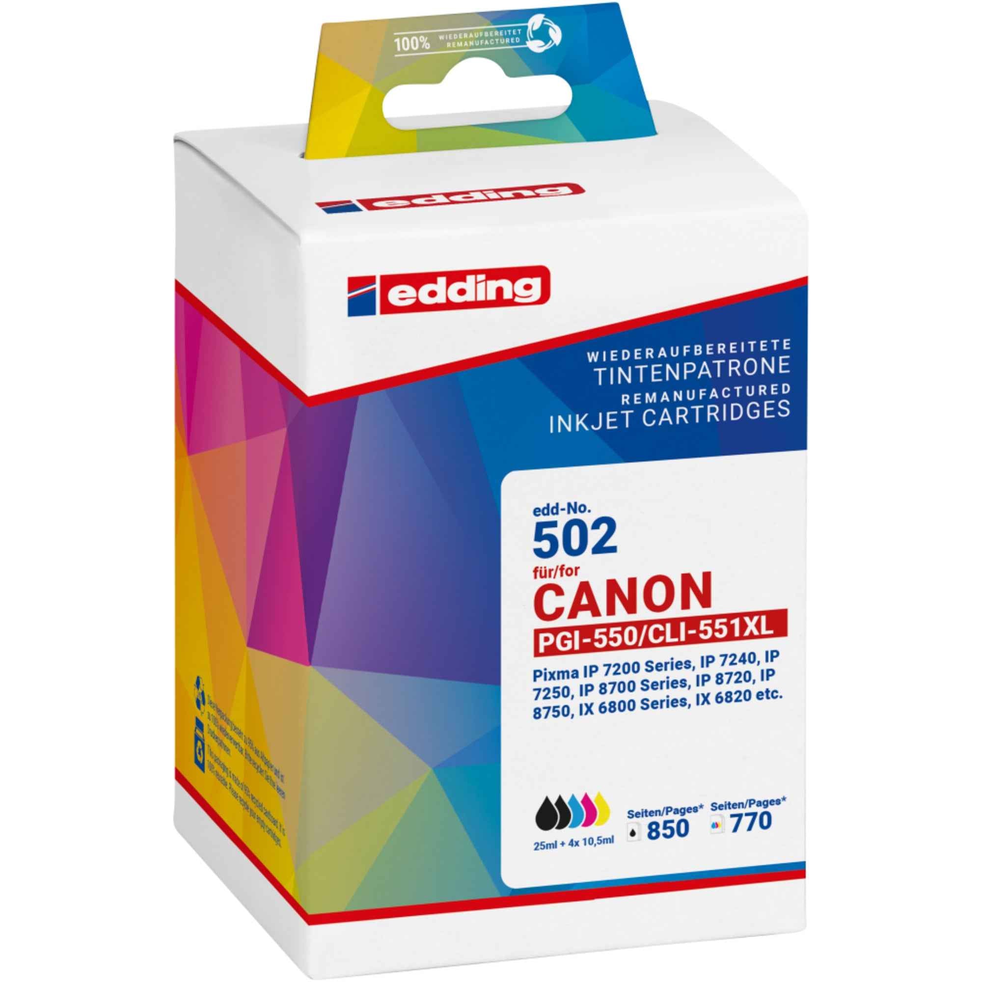 edding Tintenpatrone Kompatibel mit Canon PGI-550XL/CLI-551XL schwarz, cyan, magenta, gelb