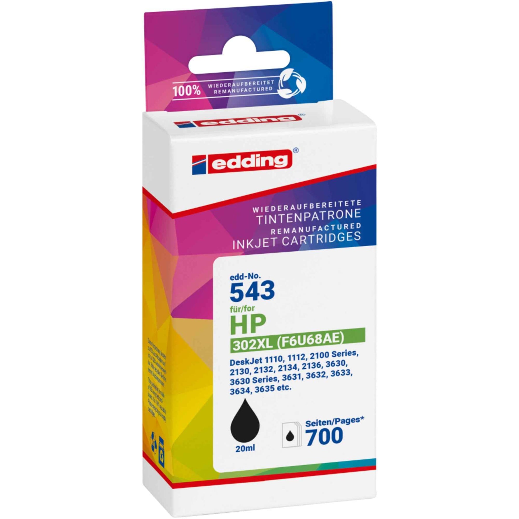 edding Tintenpatrone kompatibel mit HP 302XL Schwarz, originalgetreu, für Drucker, zeigt die Patrone in Verpackung.
