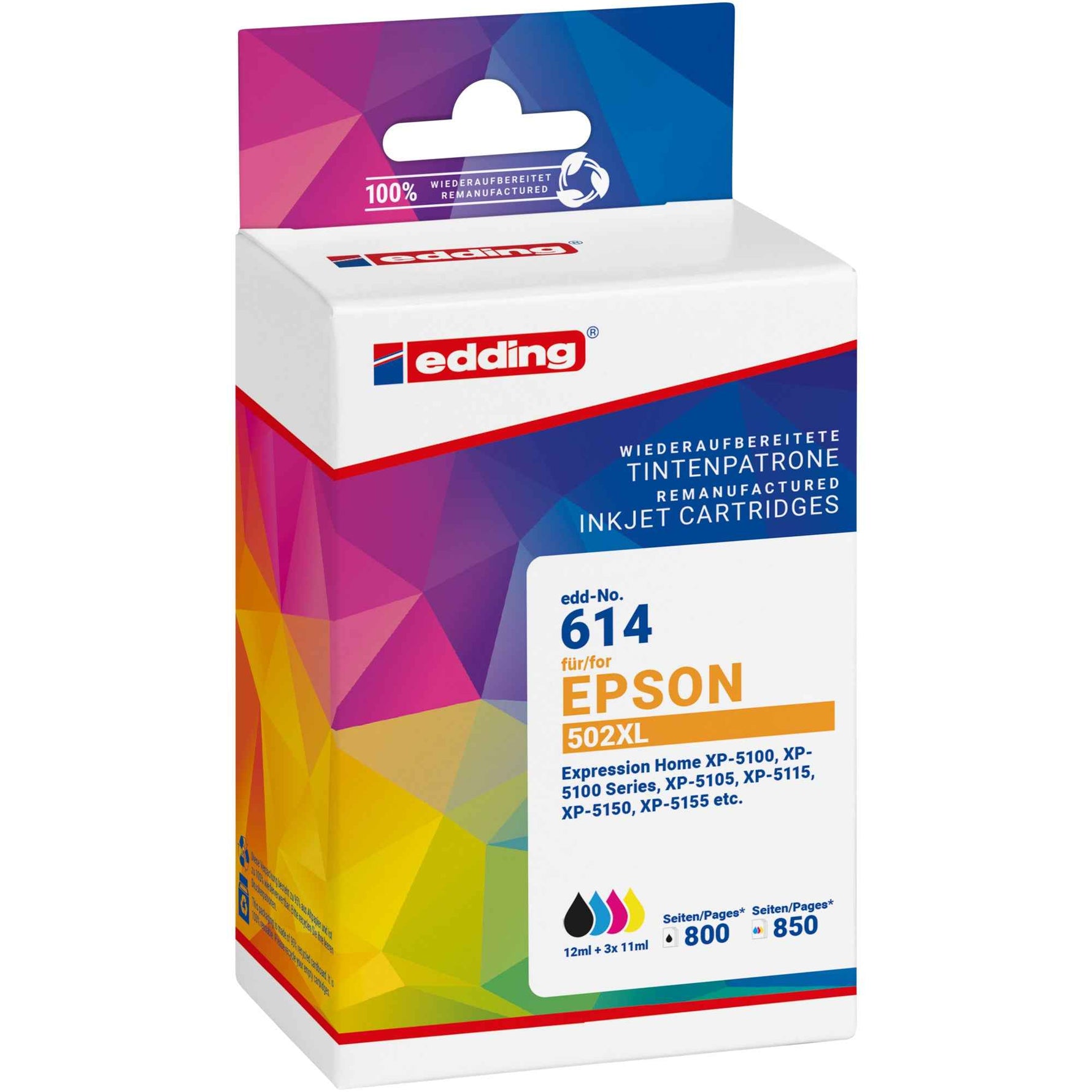 edding Tintenpatrone Kompatibel mit Epson 502XL schwarz, cyan, magenta, gelb