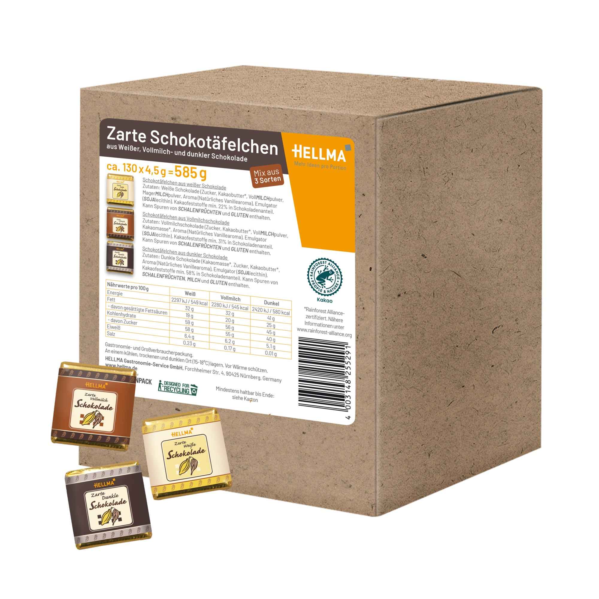 Hellma Schokolade Zarte Schokotäfelchen 130 x 4,5 g/Pack.