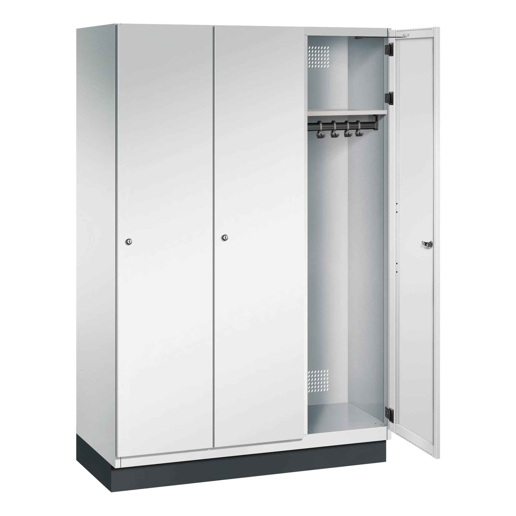 C+P Kleiderspind Cambio mit Sockel 1.200 x 1.950 x 525 mm (B x H x T) 3 Abteile lichtgrau