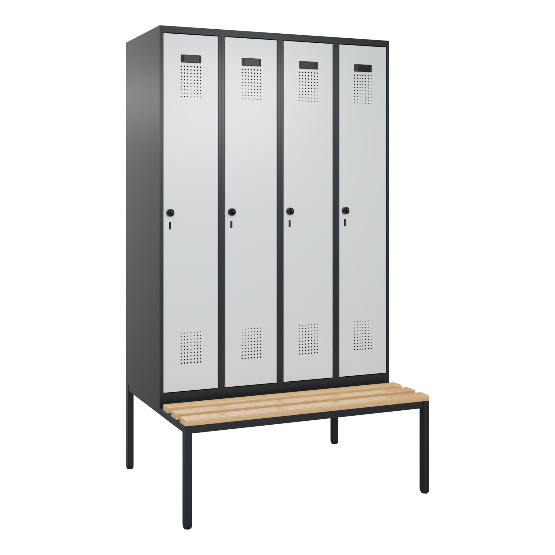 C+P Kleiderspind Evolo PLUS mit untergebauter Sitzbank 4 Abteile schwarzgrau